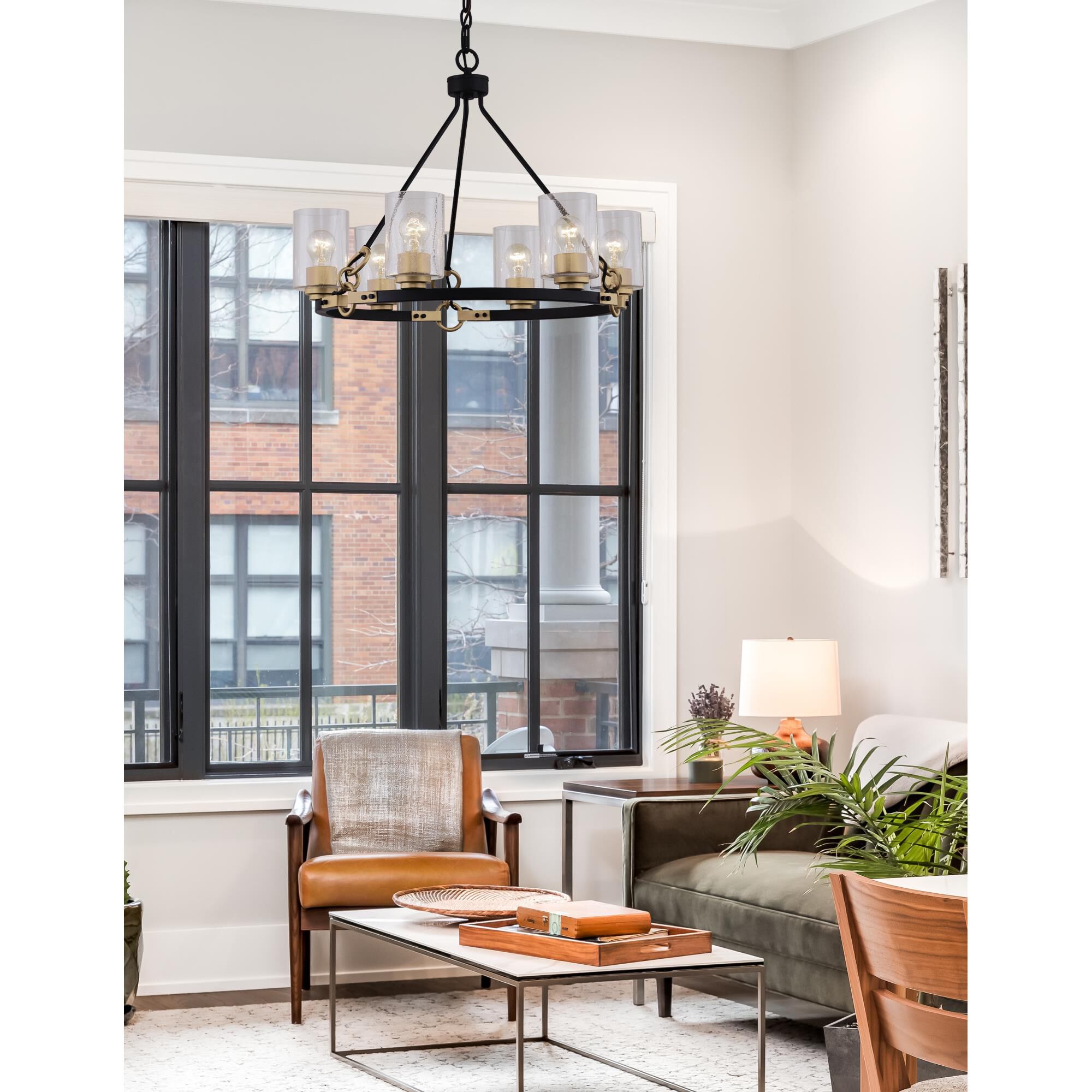 Shown in Matte Black with Brass Accents finish and Seeded Artisan glass