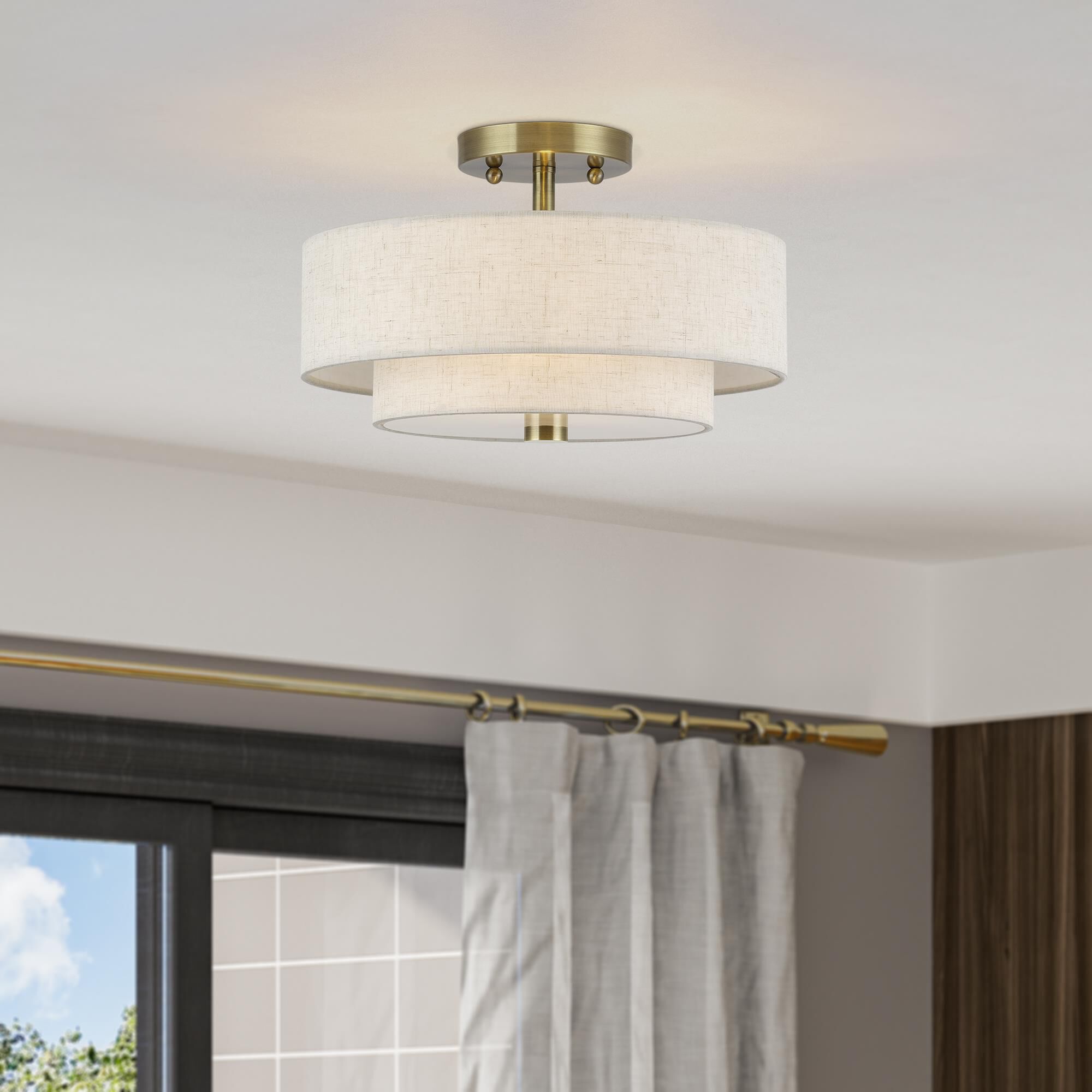 Shown in Antique Brass finish and Hand Crafted Oatmeal Color Fabric with White Color Inside shade