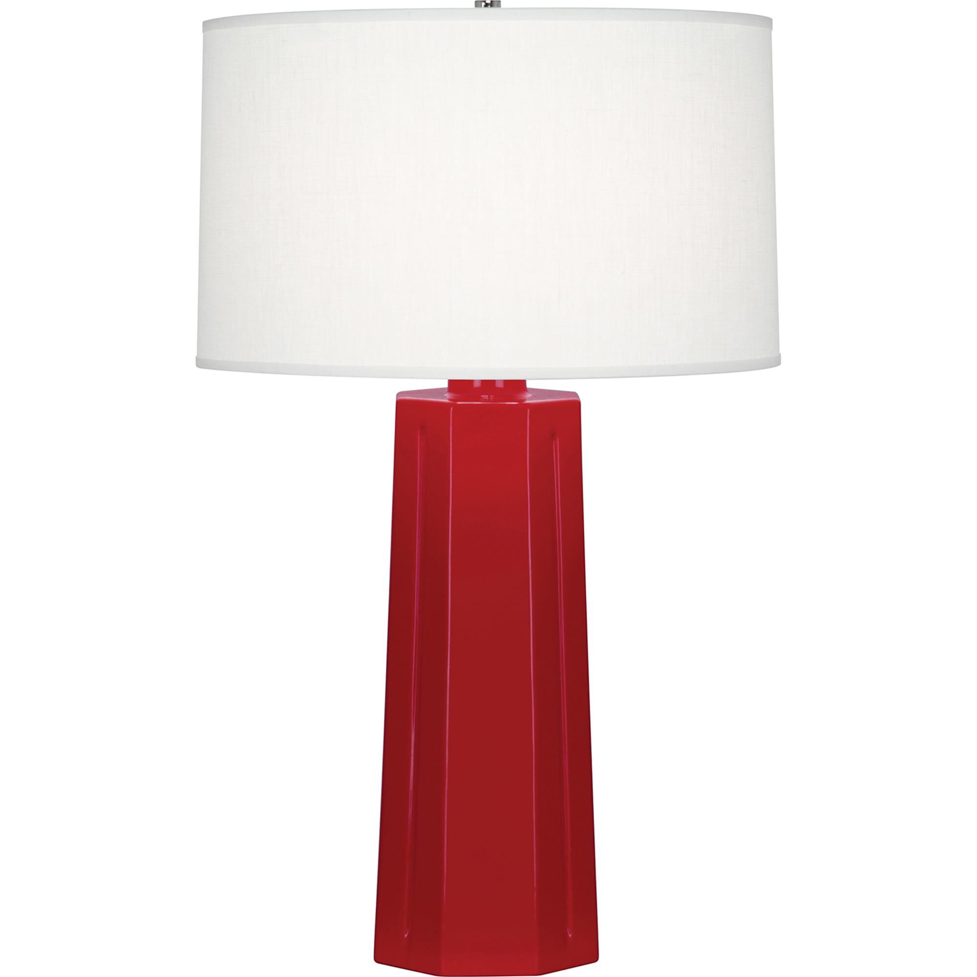 Shown in Ruby Red Glazed Ceramic finish and Oyster Linen shade
