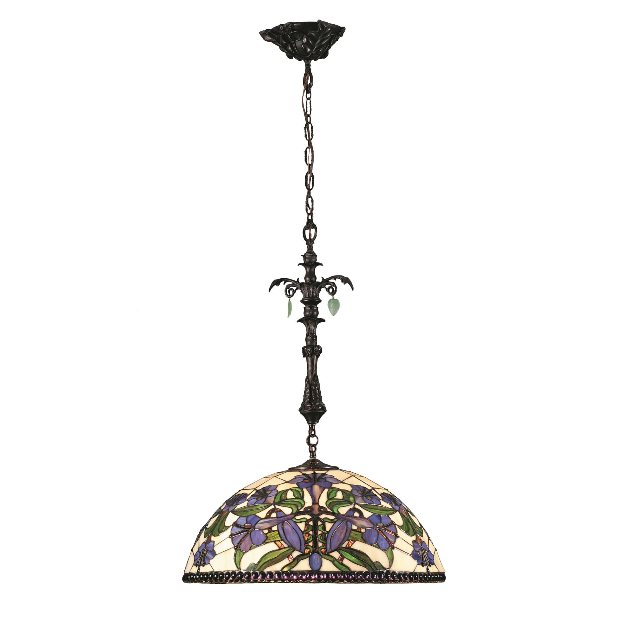 Shown in Antique Finish finish and Beige-Purple-Green glass