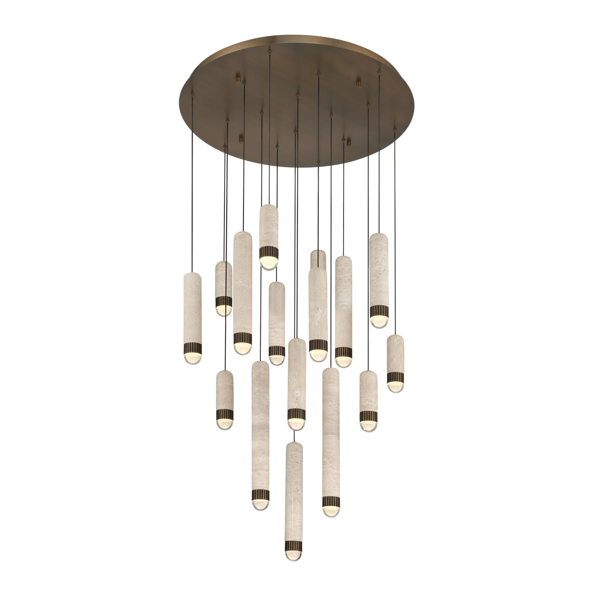 Shown in Antique Brass finish and Travertine shade