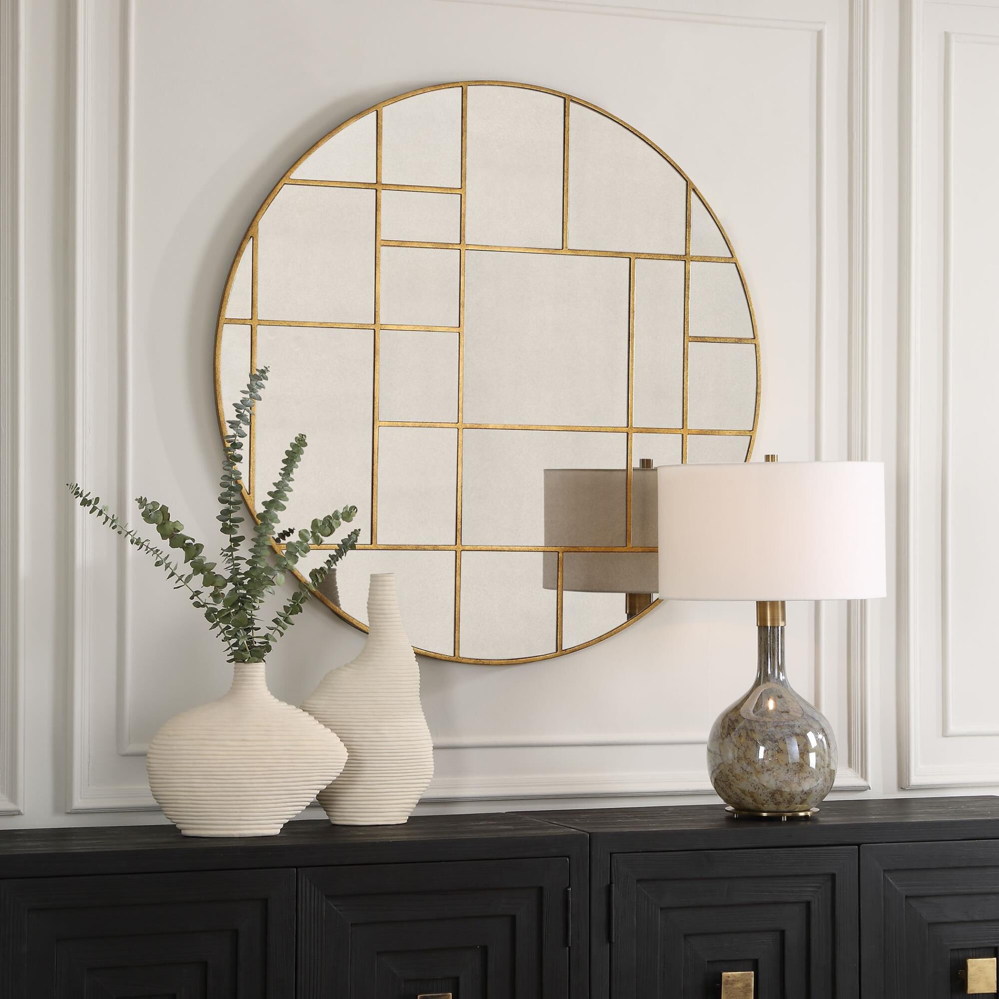 Shown in This Round Mirror Is Adorned With A Geometric Grid Pattern Encasing Individual Mirror Inlays, Finish finish