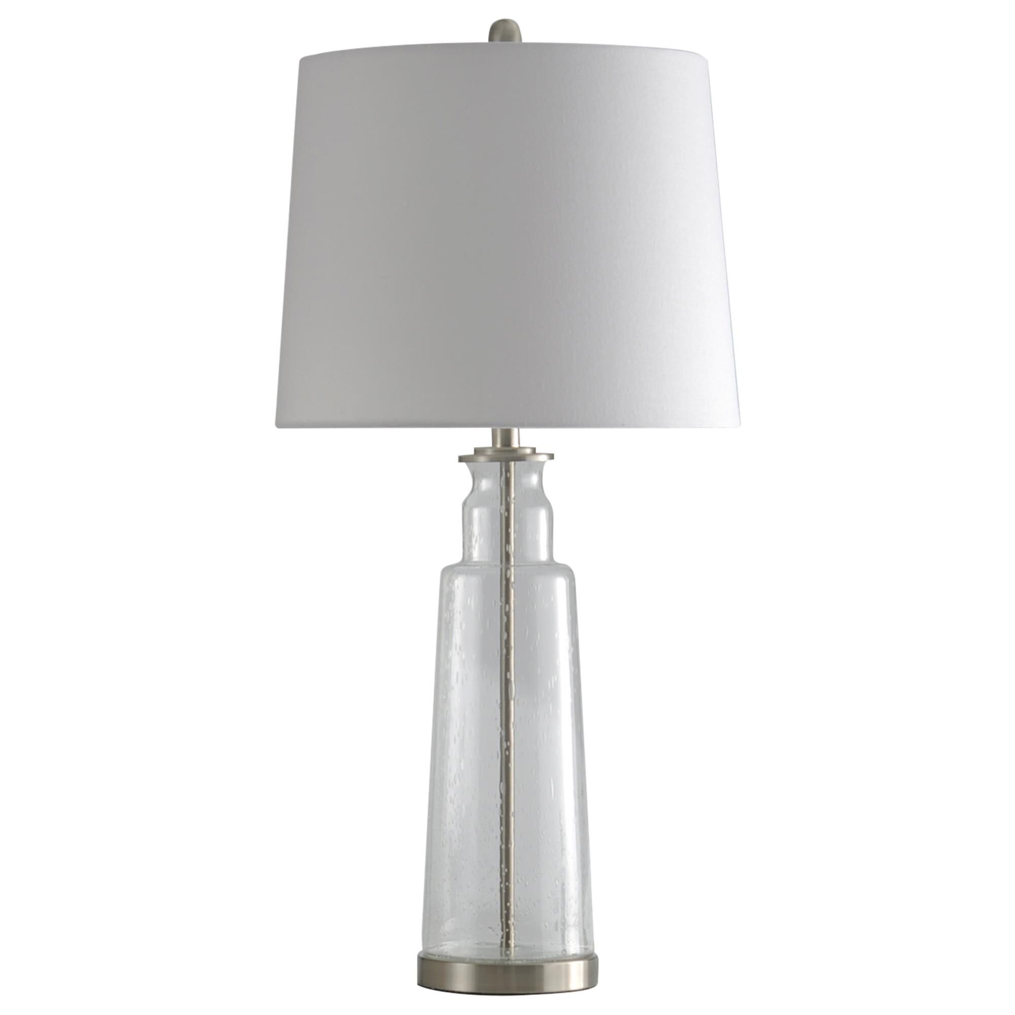 Shown in Clear Seeded With Brass Steel finish and White Hardback Fabric shade