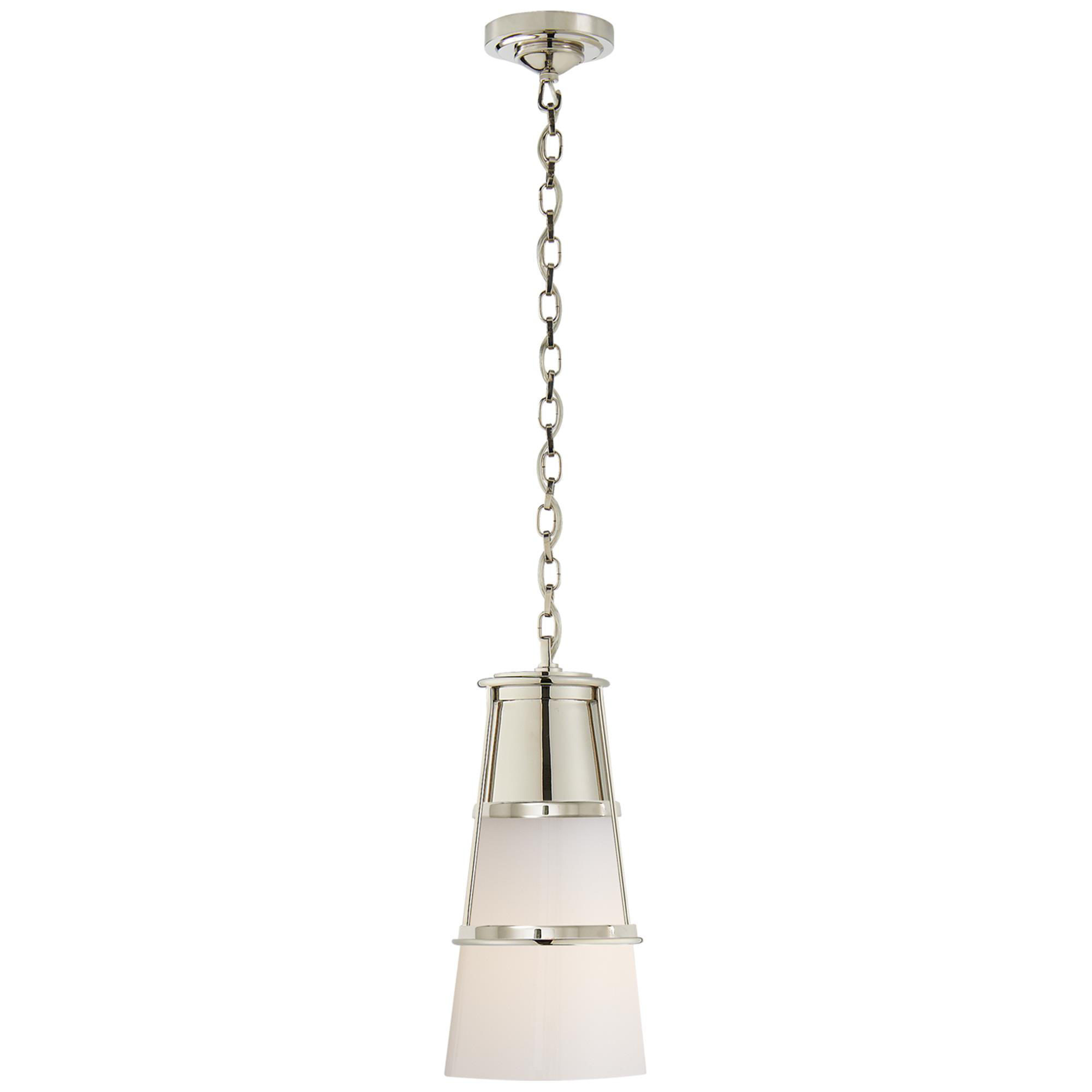 Shown in Polished Nickel finish and White glass