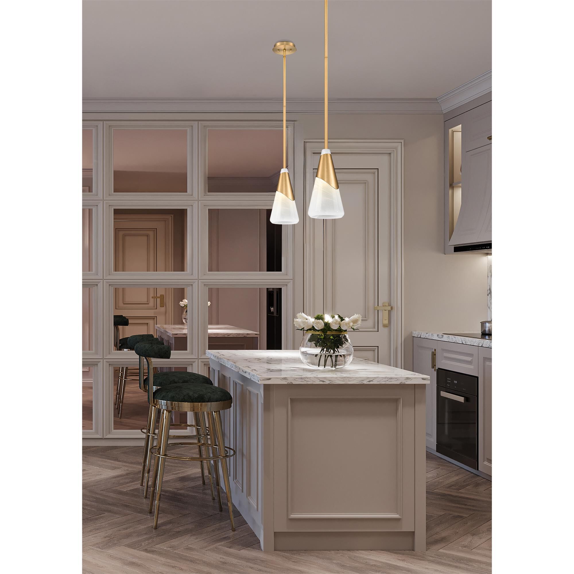 Shown in Modern Gold finish and White Swirl glass and White Swirl shade