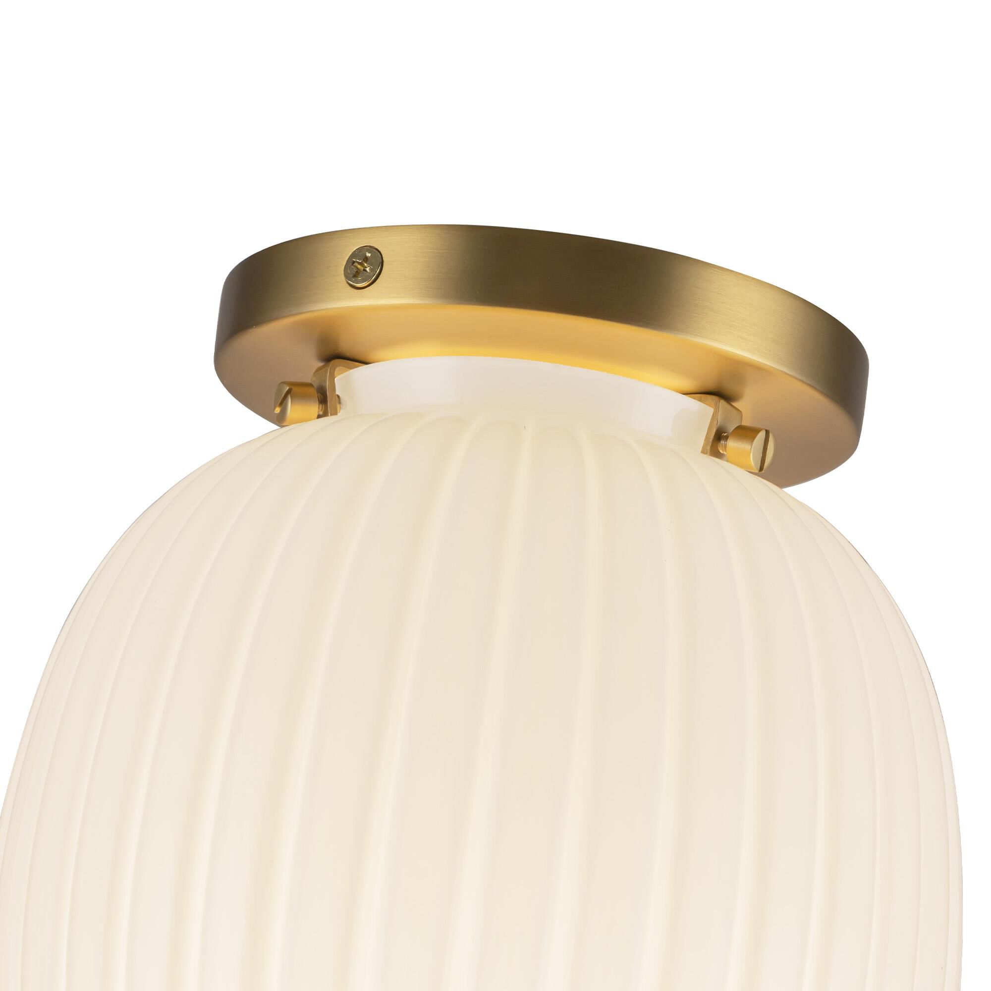 Shown in Brushed Gold finish and Glossy Ribbed Opal glass