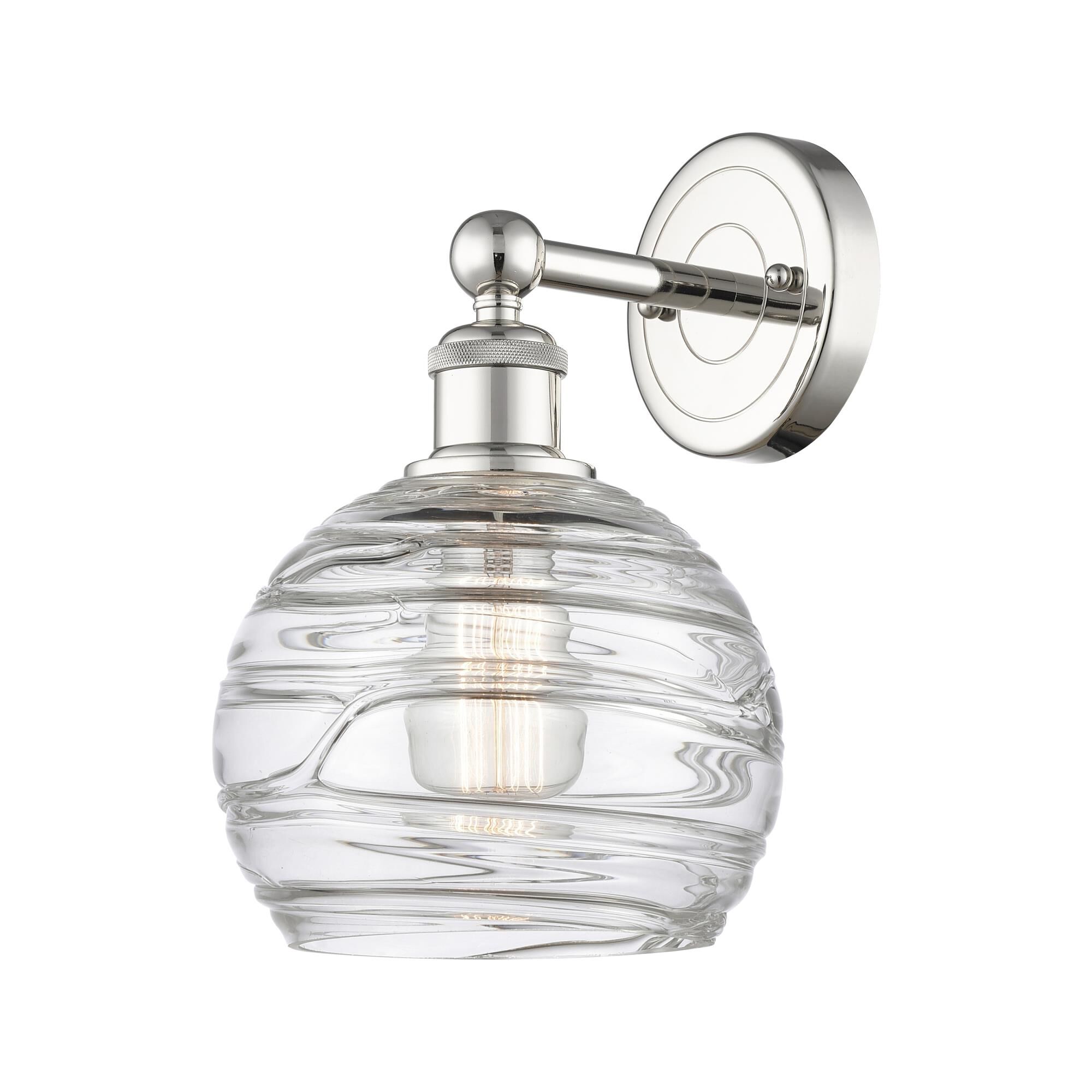 Shown in Polished Nickel finish and Clear Deco Swirl glass
