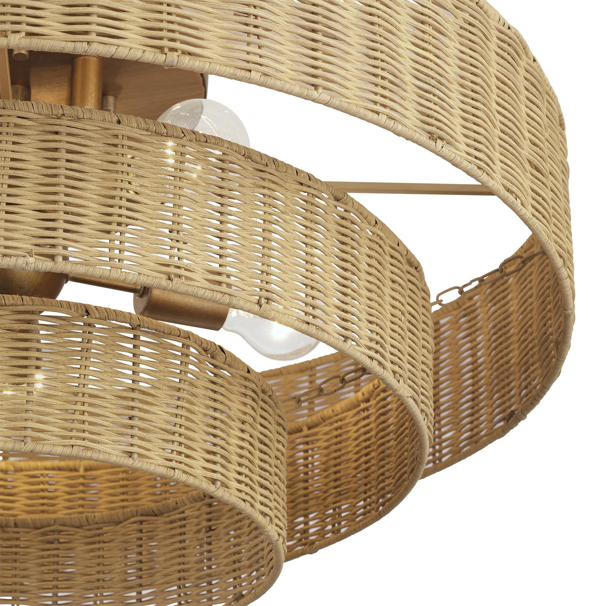 Shown in Antique Gold Leaf finish and Hand-Woven Rustic Walnut Color Rattan shade