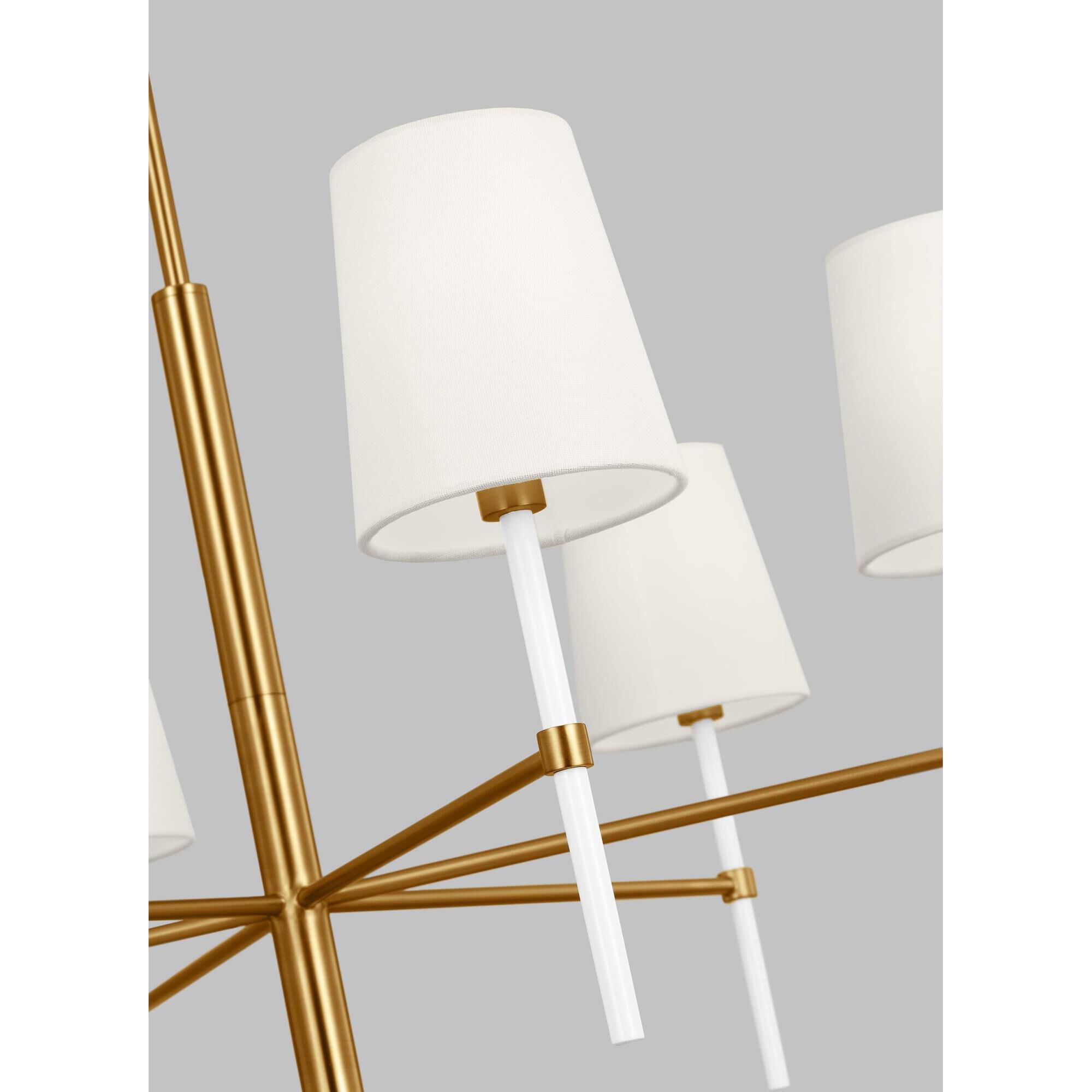 Shown in Burnished Brass finish and White Linen Fabric shade