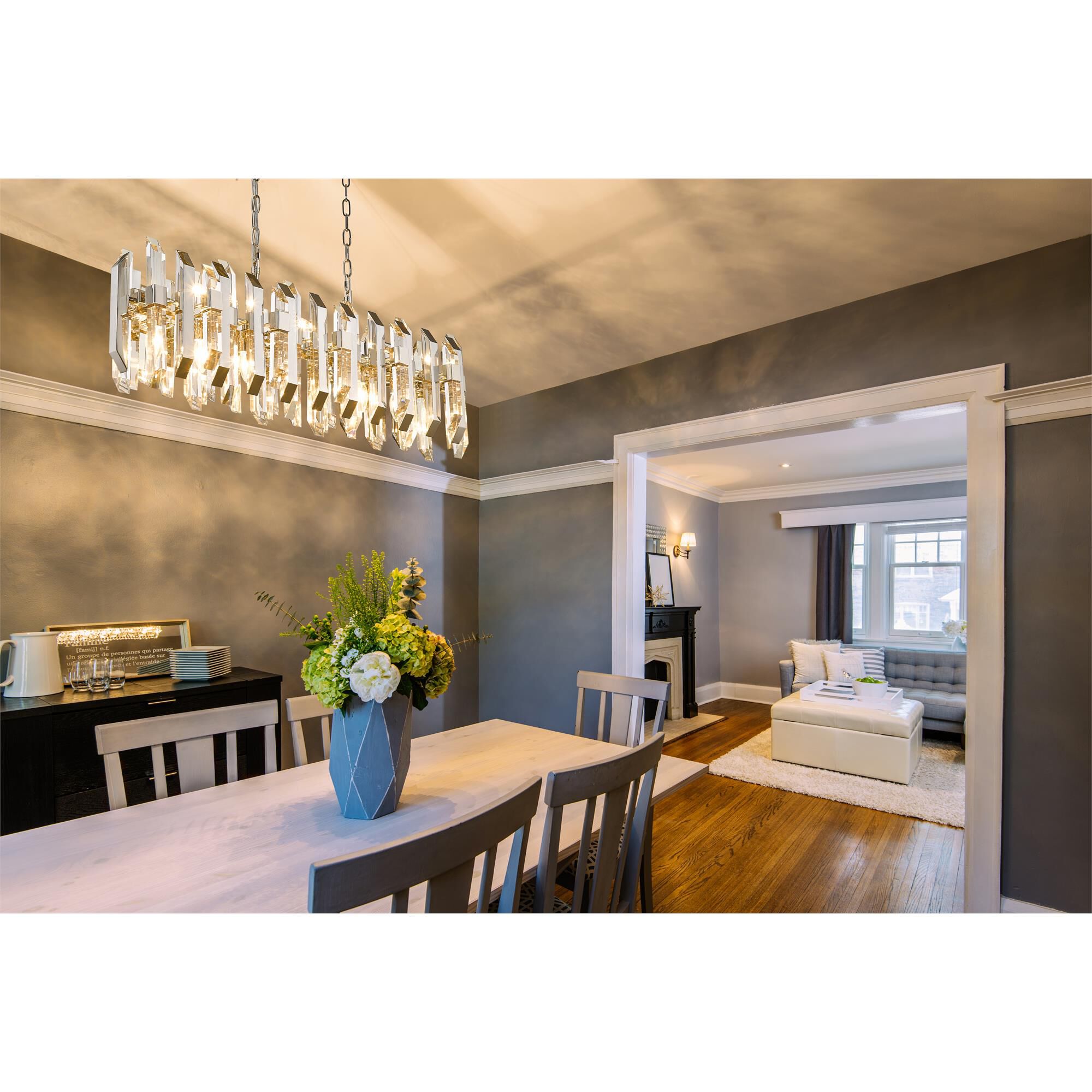 Shown in Polished Nickel finish and Crystal glass and Crystal shade