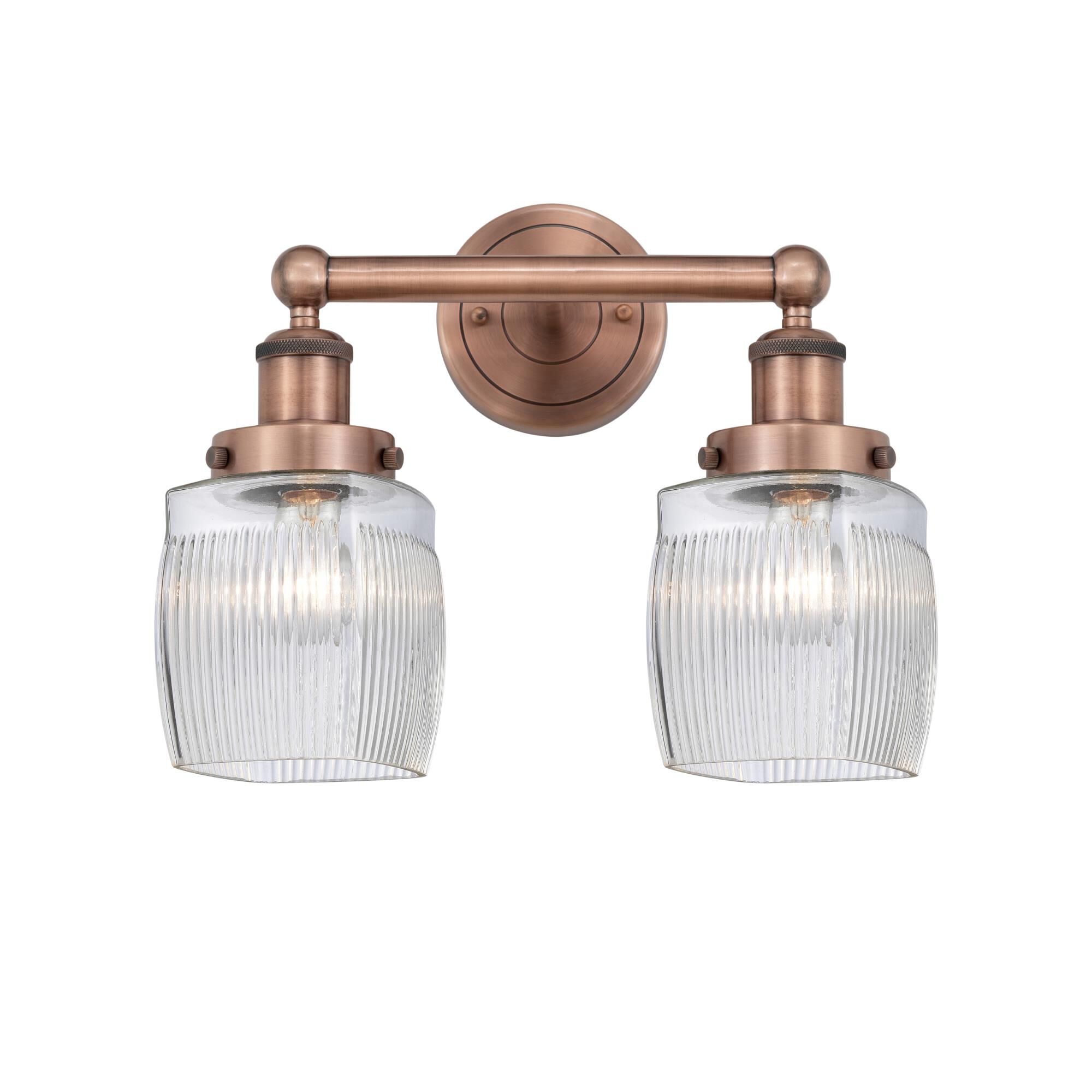 Shown in Antique Copper finish and Clear Halophane glass