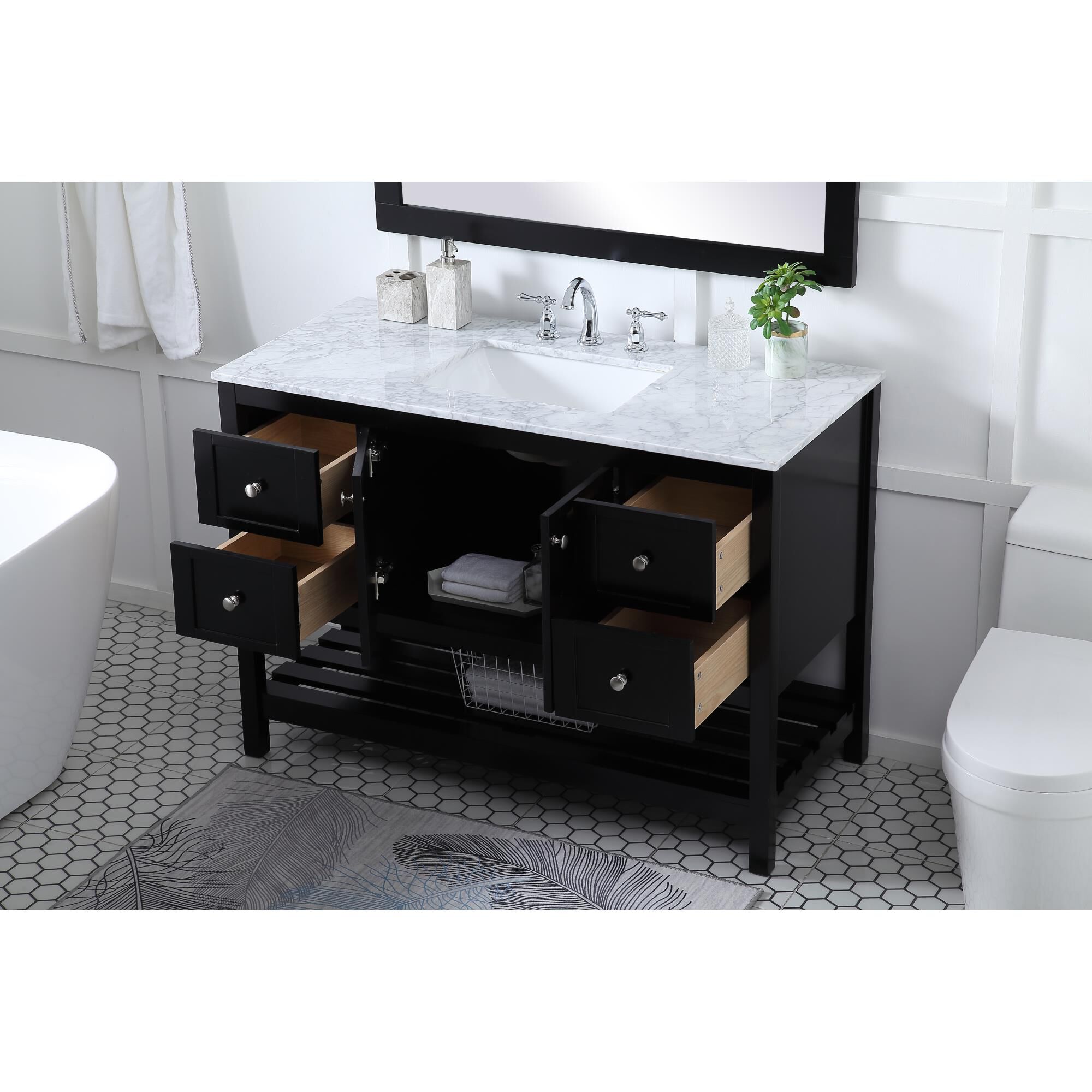 Shown in Black And Brushed Nickel With Carrara White Marble finish