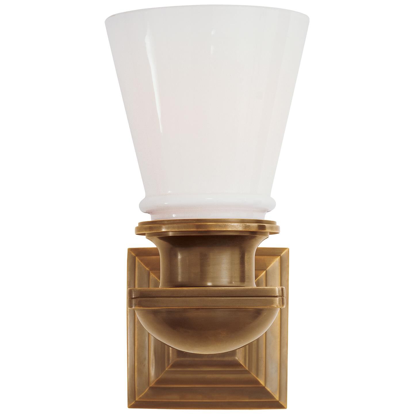 Shown in Hand-Rubbed Antique Brass finish and White glass