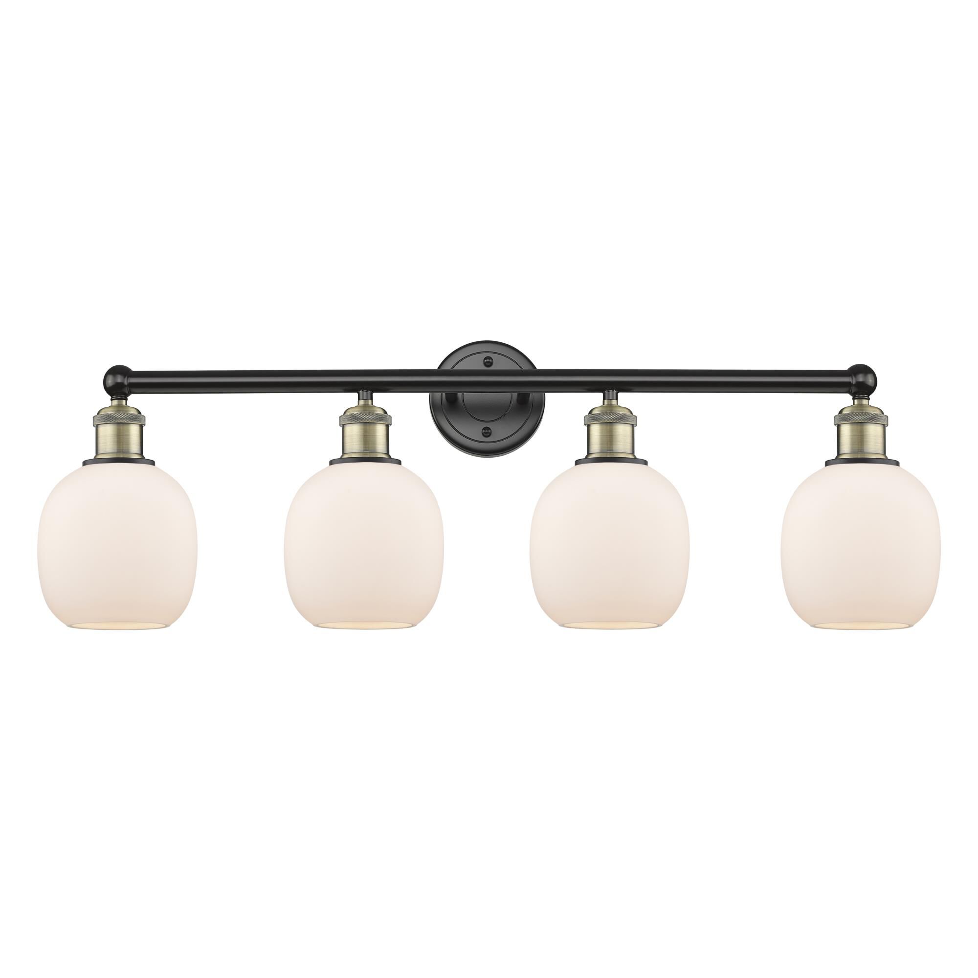 Shown in Black Antique Brass finish and Matte White glass