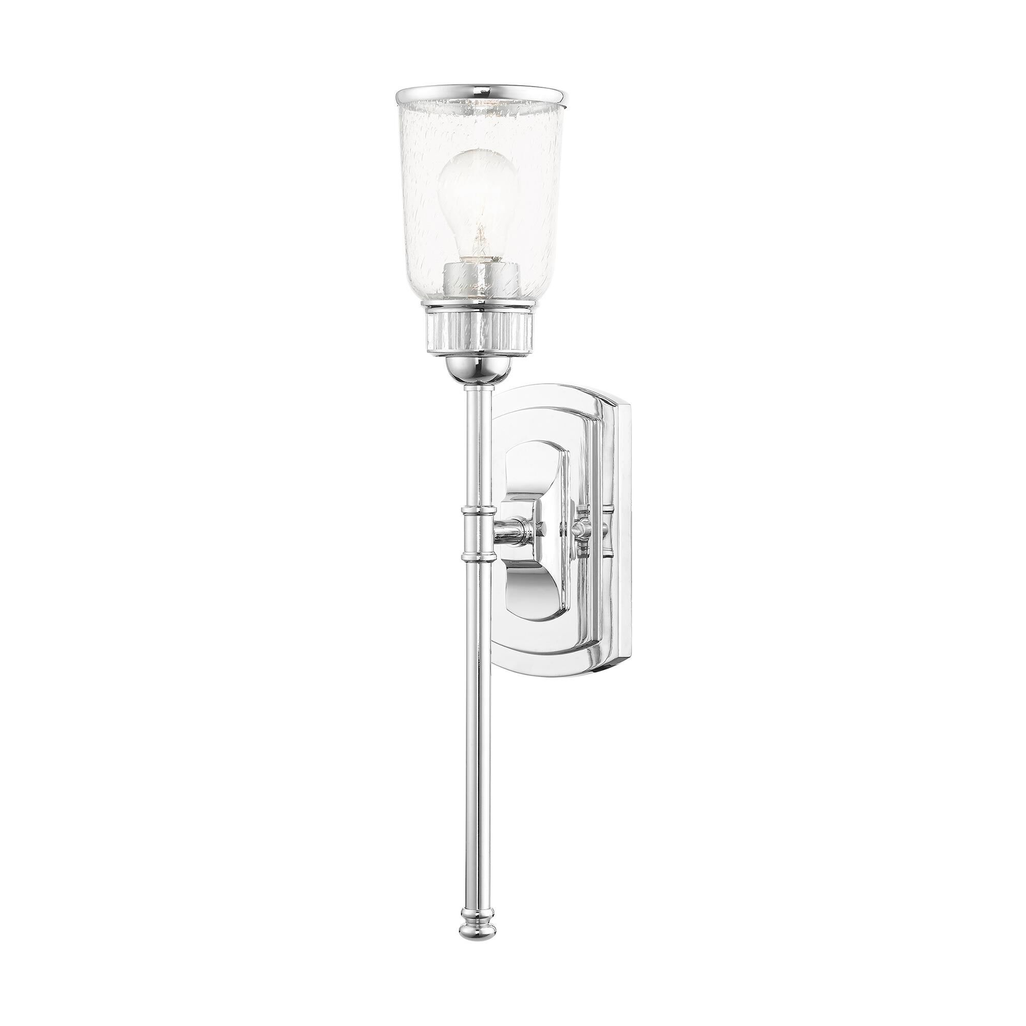 Shown in Polished Chrome finish and Hand Blown Clear Seeded glass and Hand Blown Clear Seeded Glass shade