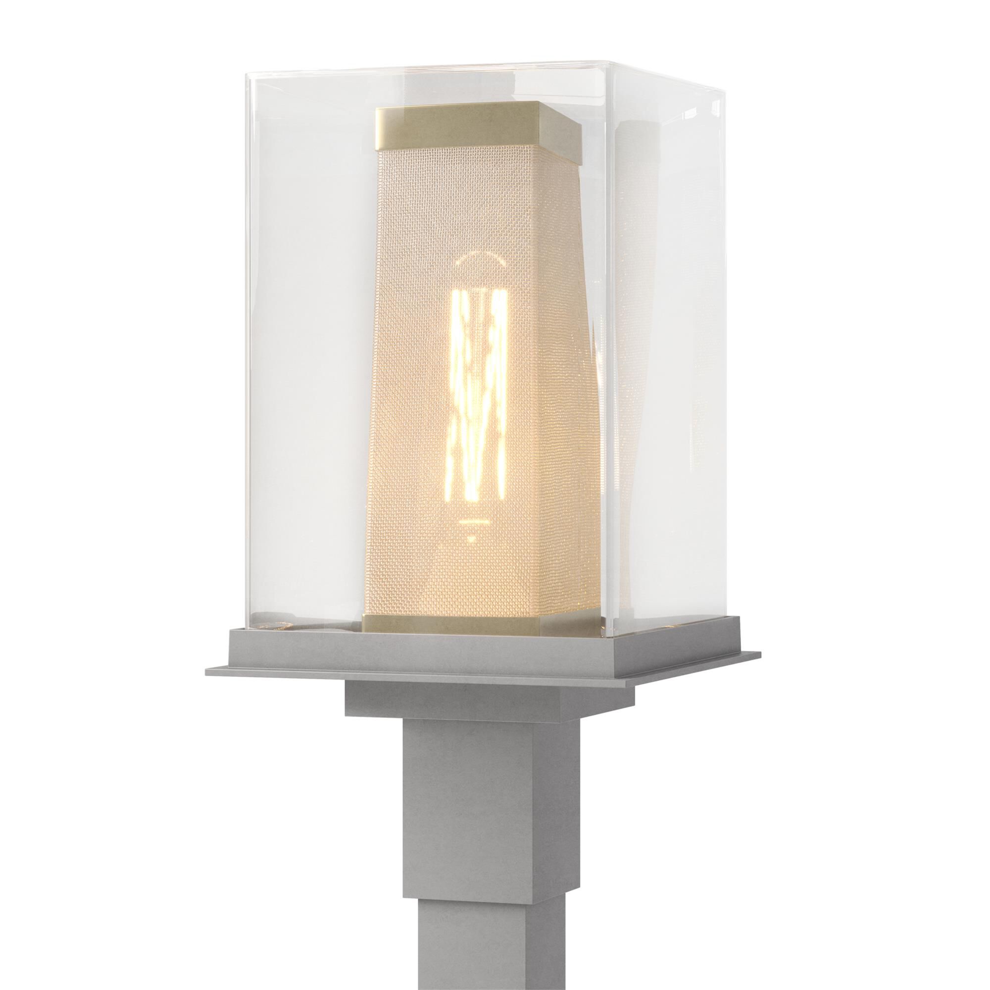 Shown in Coastal Burnished Steel finish and Clear glass and Coastal Gold accent