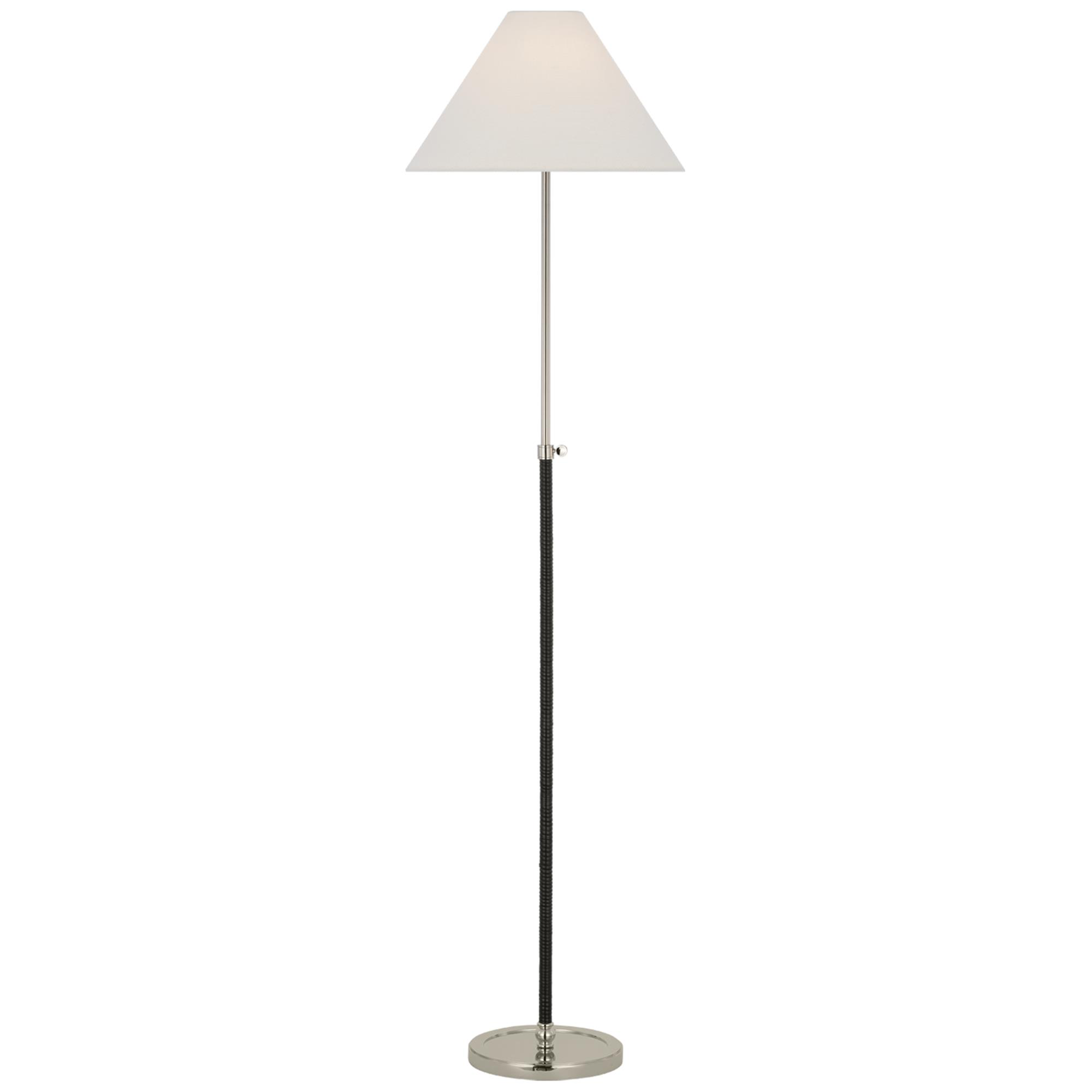 Shown in Polished Nickel and Black Rattan finish and Linen shade