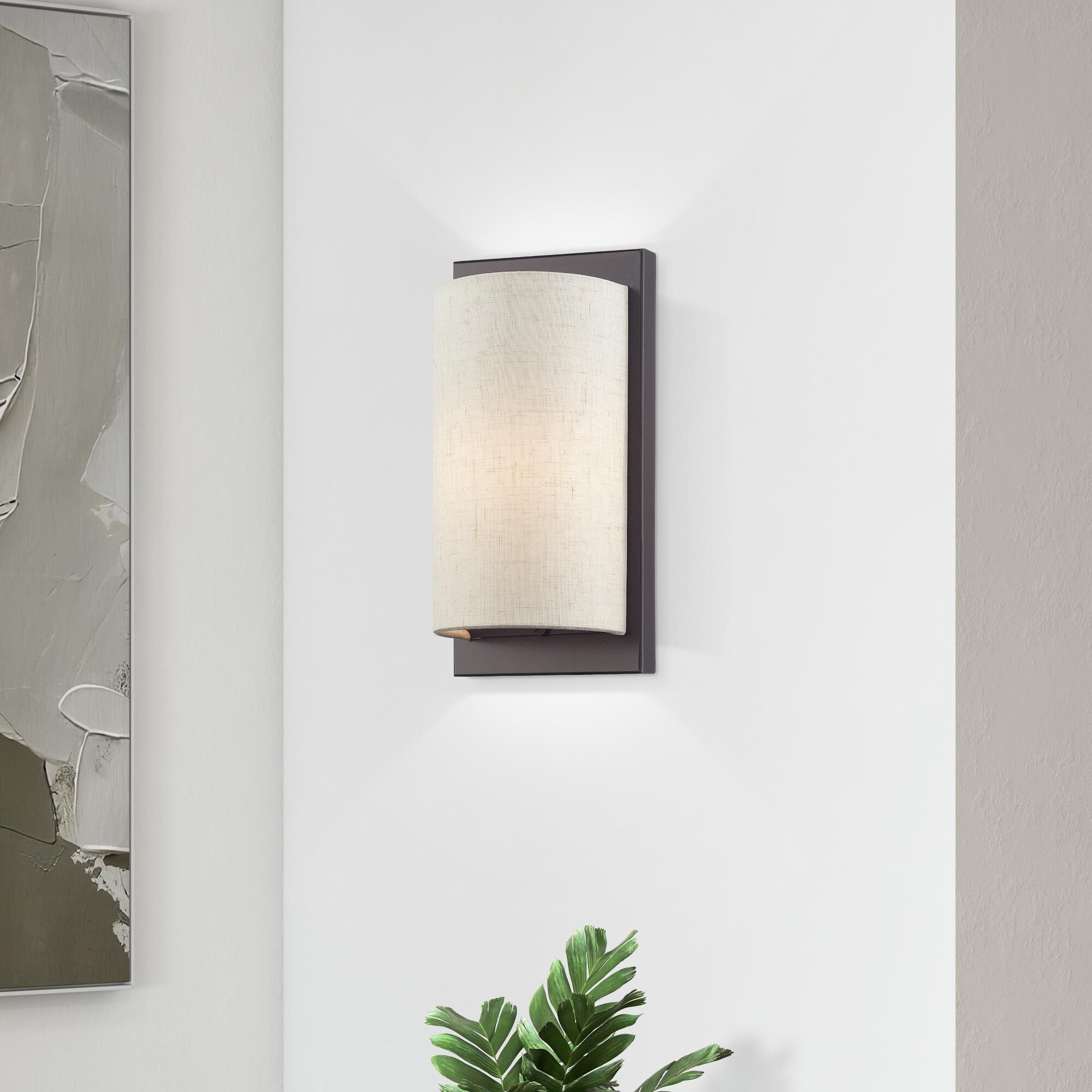 Shown in English Bronze finish and Hand Crafted Oatmeal Color Hardback with White Fabric Inside shade