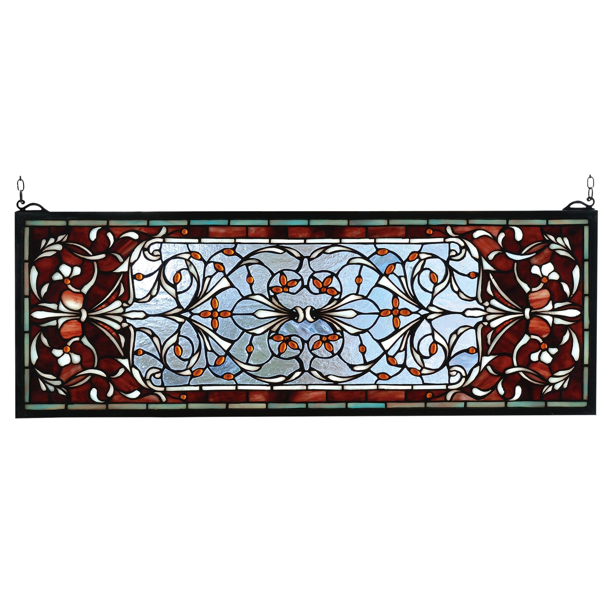 Shown in Brass finish and Pomegranate Red-Frosty Blue-White-Amber glass