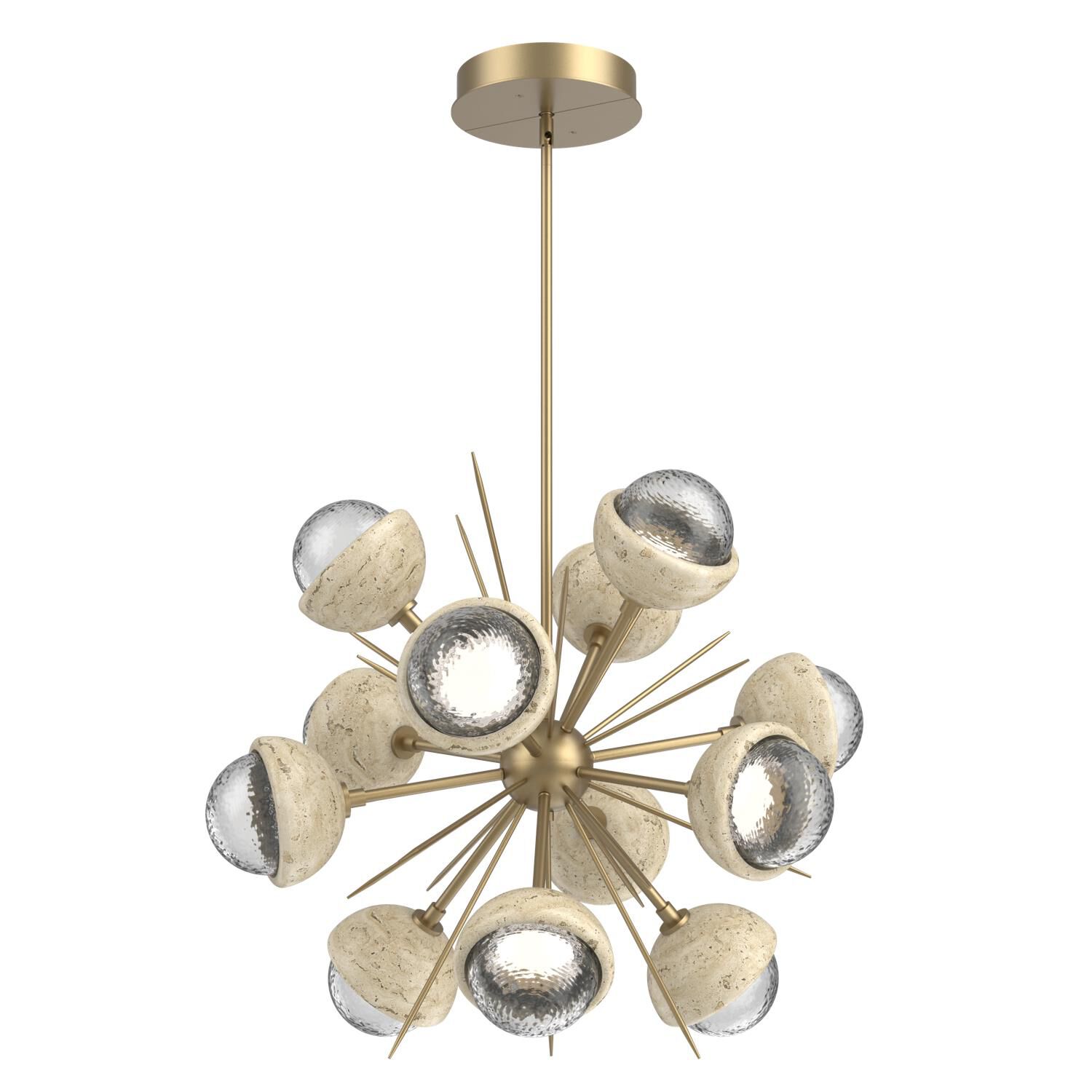 Shown in Novel Brass finish and Clear glass and Travertine Stone accent
