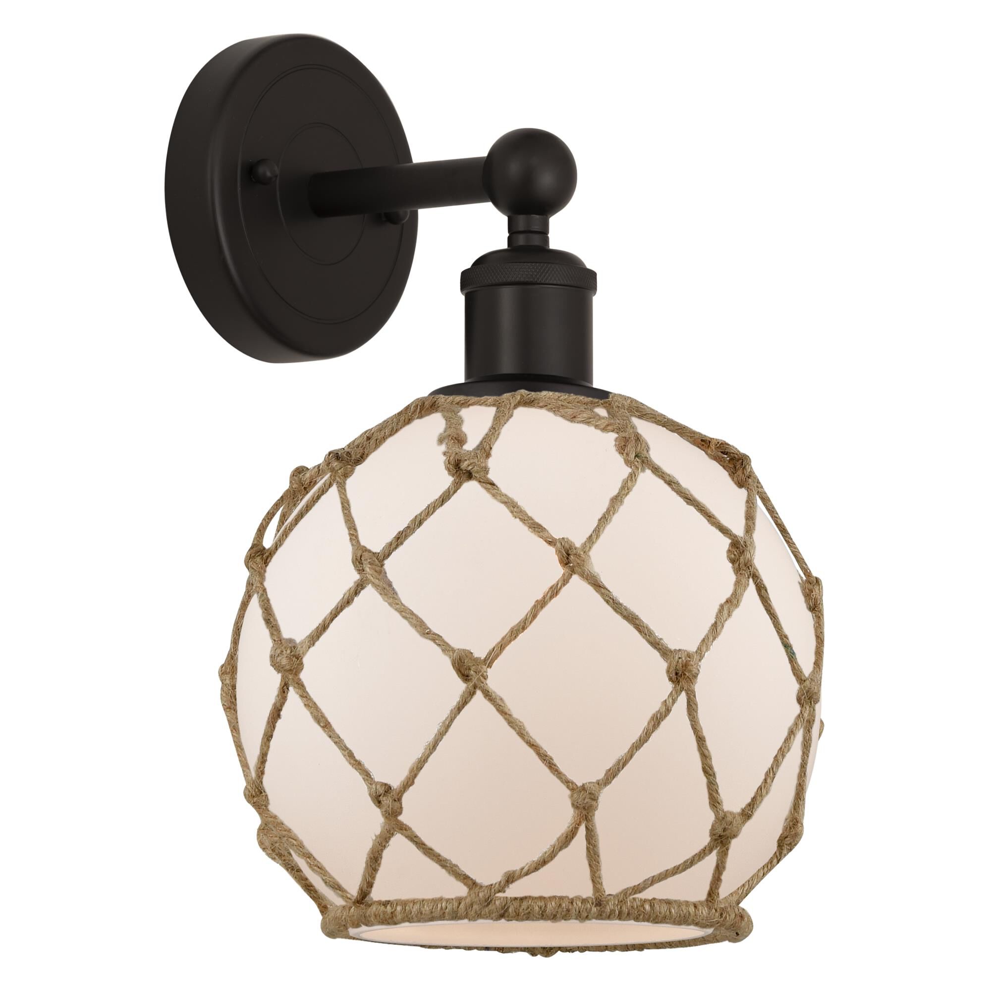 Shown in Oil Rubbed Bronze finish and White with Brown Rope glass