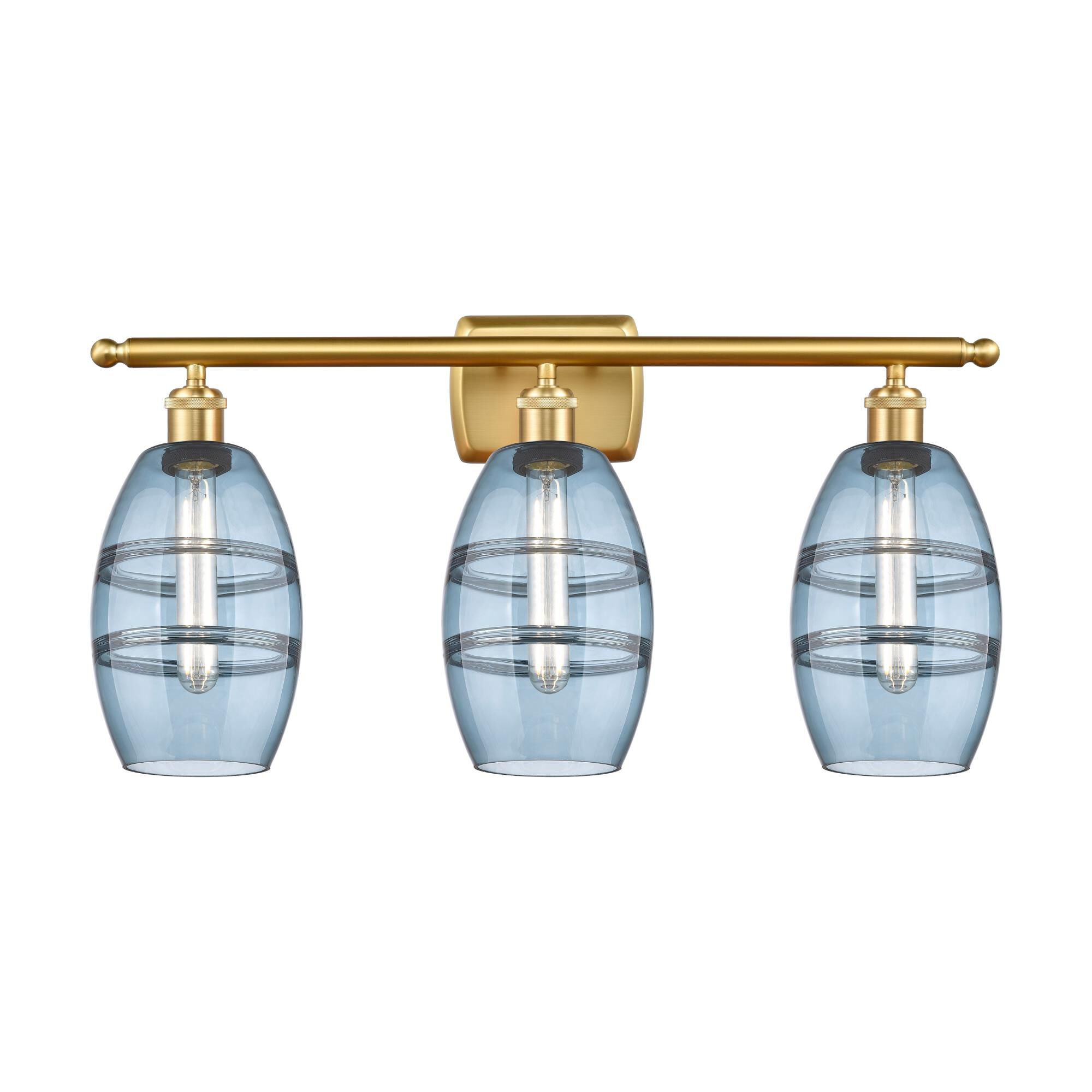 Shown in Satin Gold finish and Princess Blue glass