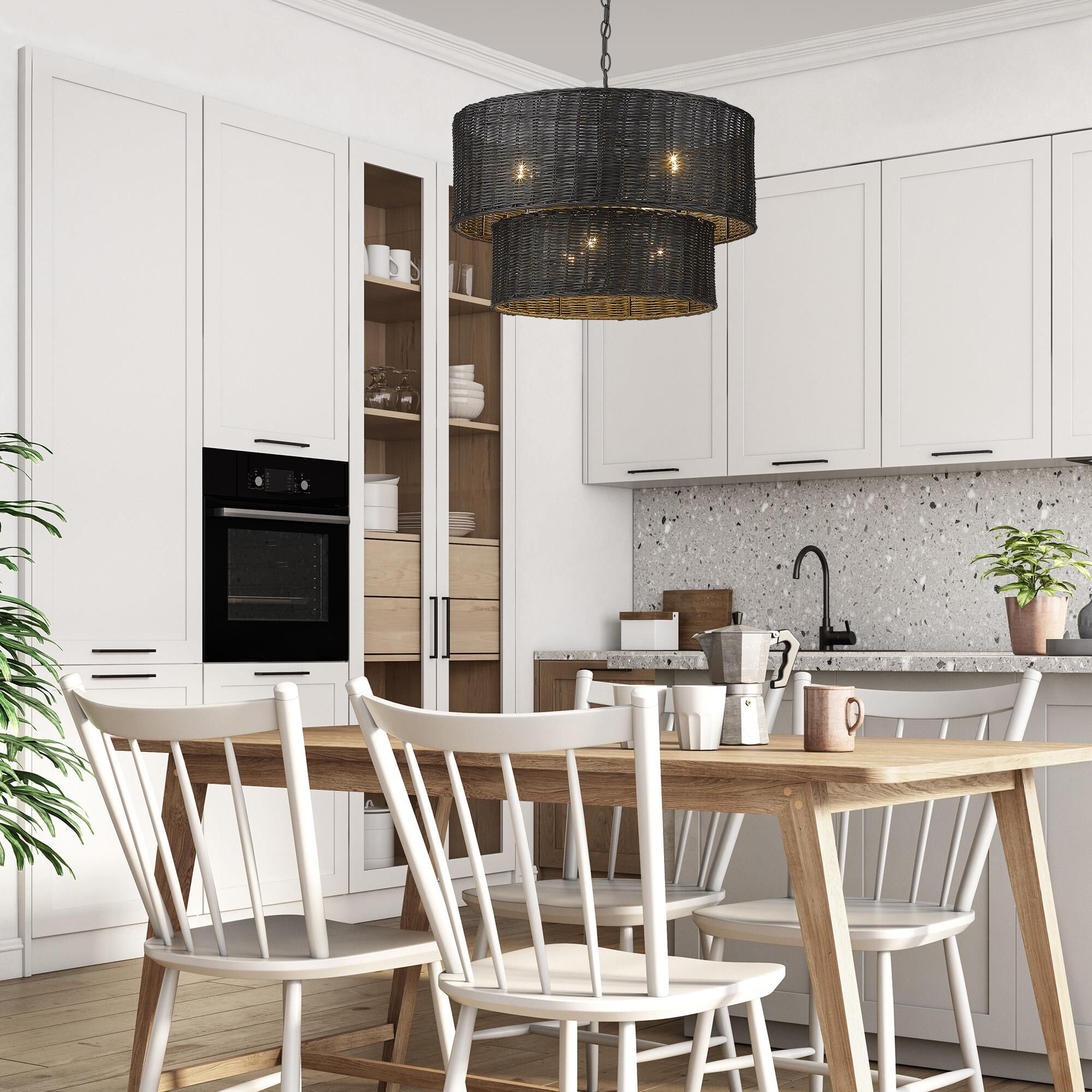 Shown in Matte Black finish and Black Wicker shade