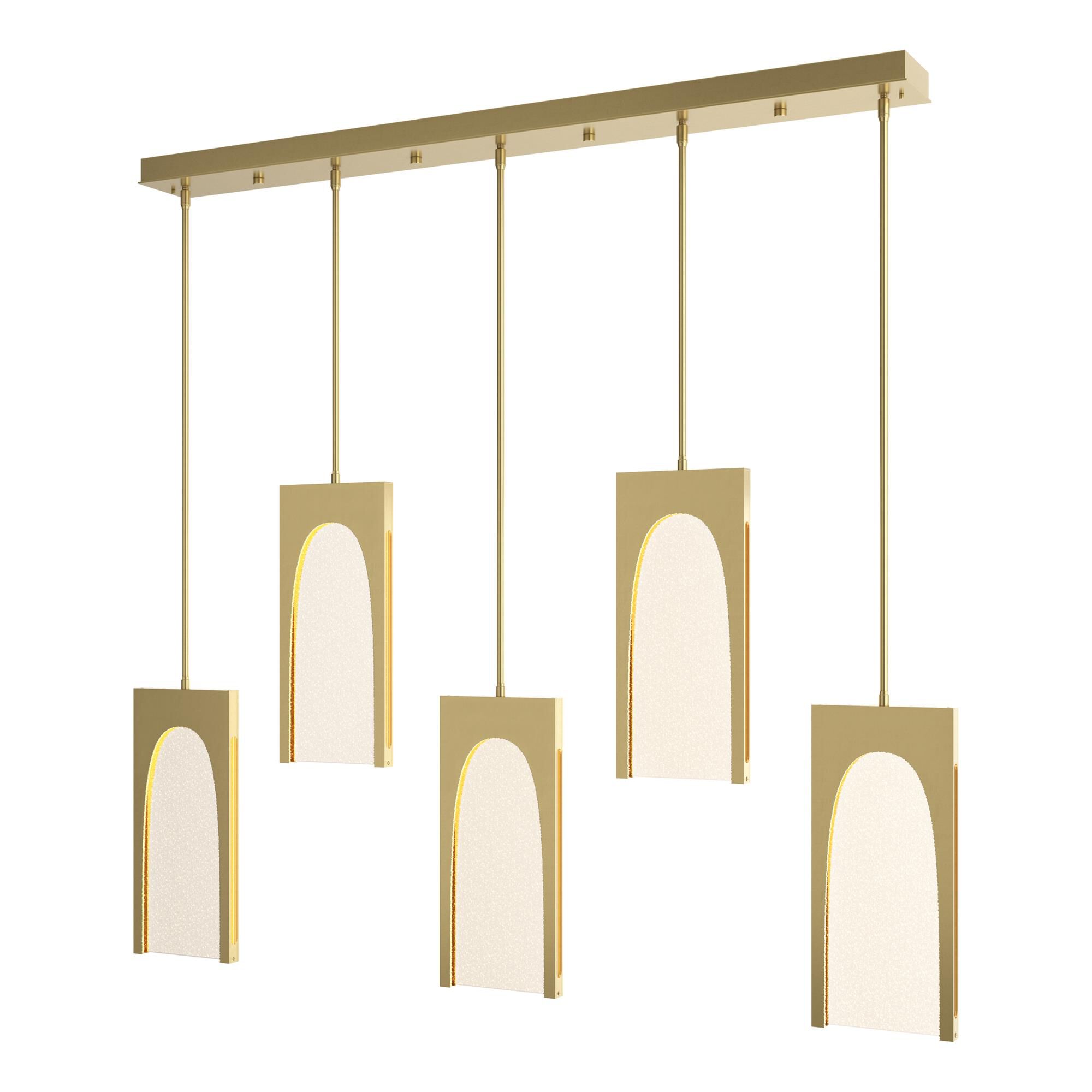 Shown in Modern Brass finish and Seeded Clear glass