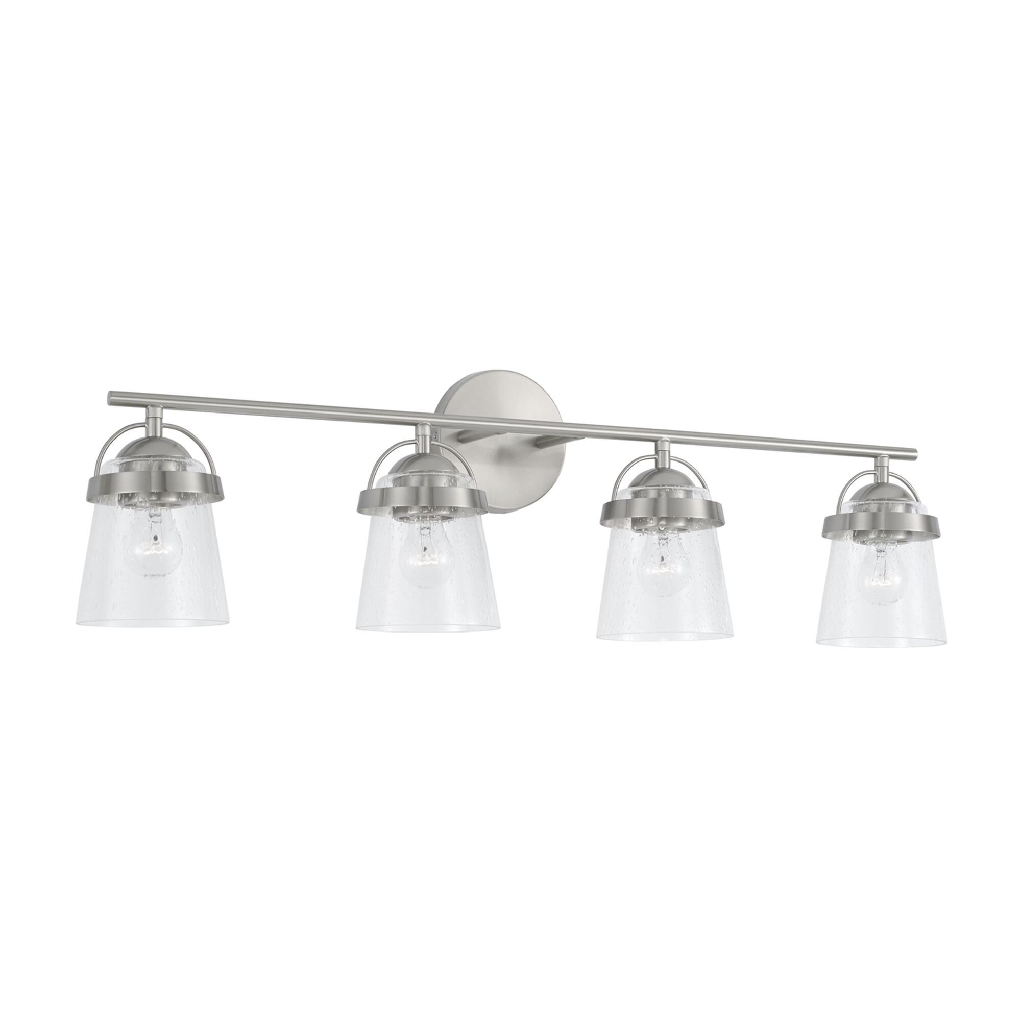 Shown in Brushed Nickel finish and Clear Seeded glass