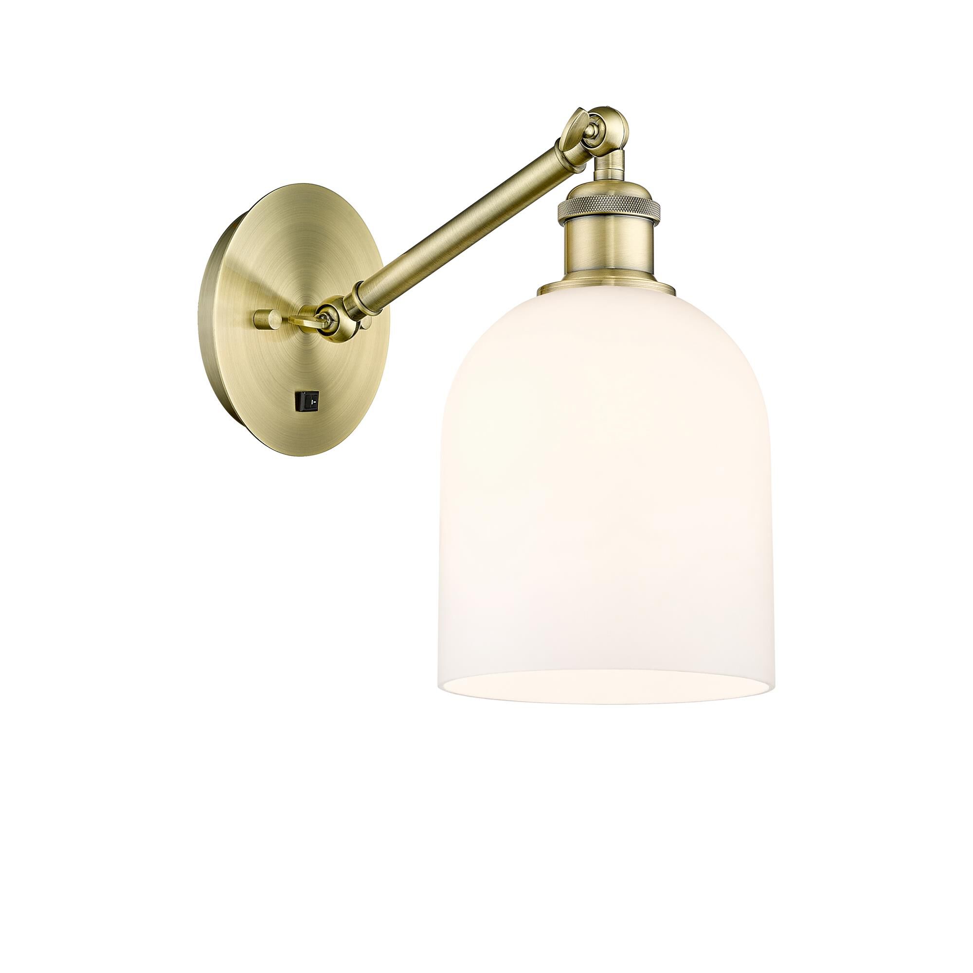 Shown in Antique Brass finish and Gloss White glass