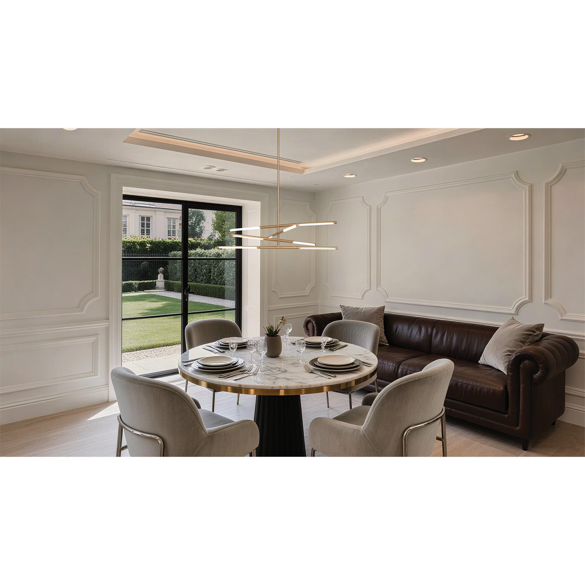 Shown in Champagne Gold finish and White glass