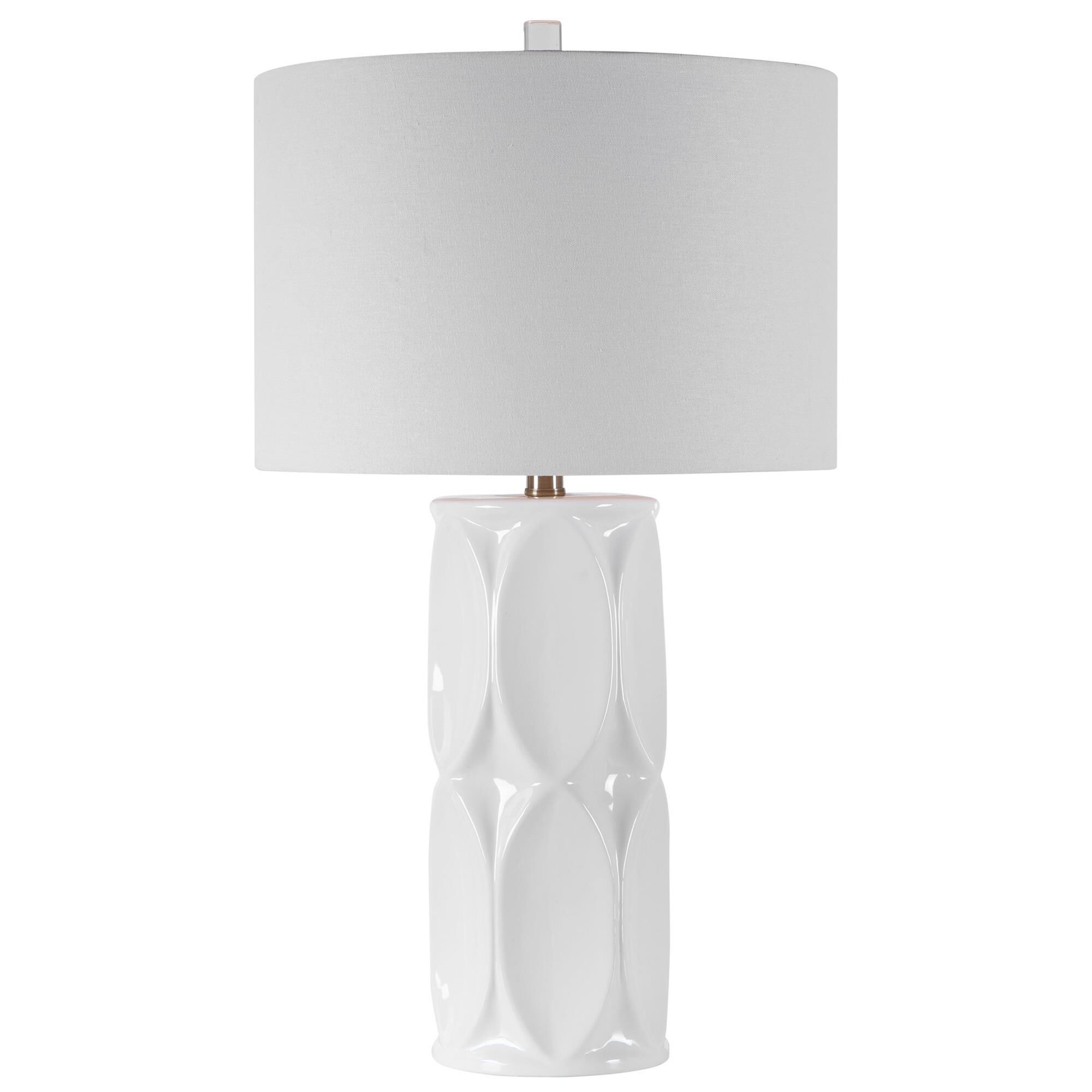 Shown in This Ceramic Table Lamp Showcases A Touch Of Mid-Century Style With A Dimensional Geometric Design F finish and Round Drum Hardback shade