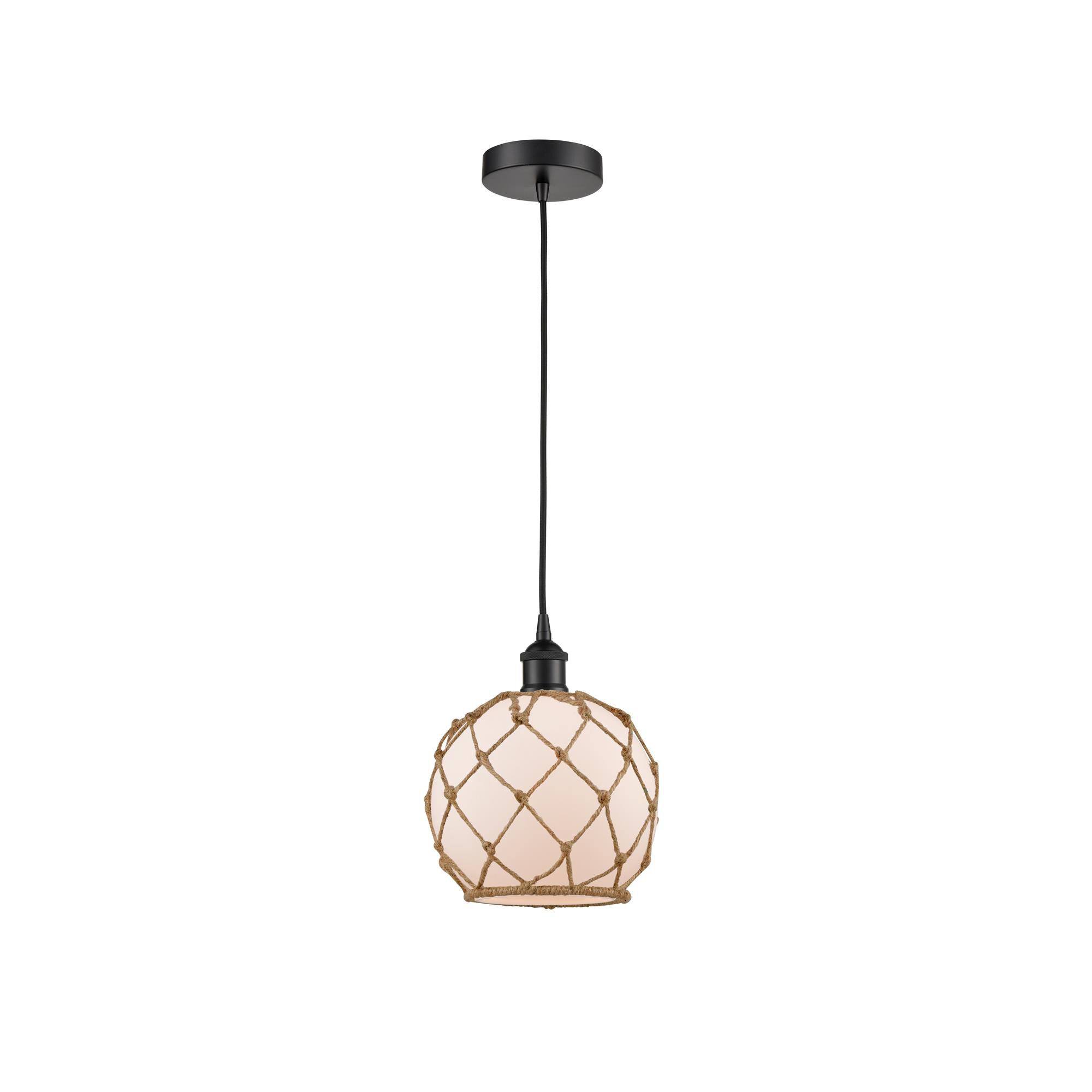 Shown in Matte Black finish and White Farmhouse With Brown Rope glass and No Shade shade