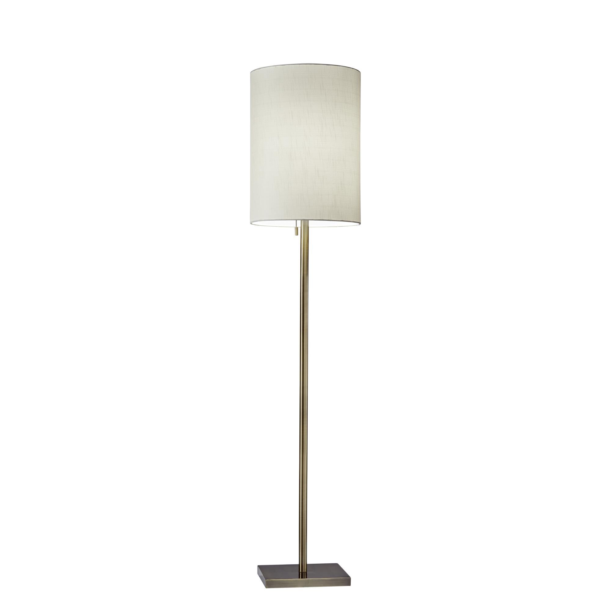 Shown in Antique Brass finish and Light Beige Textured Fabric shade