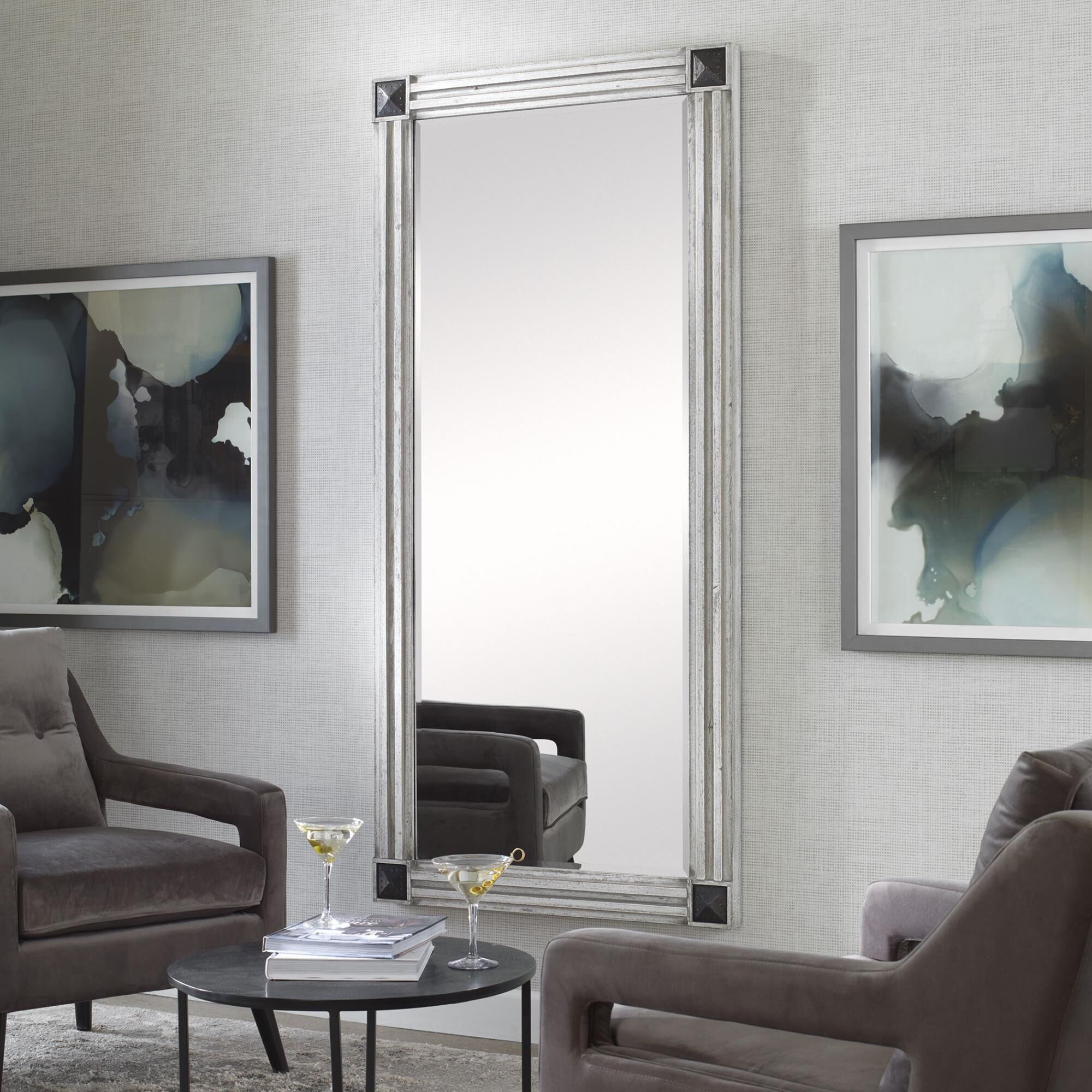 Shown in This Oversized Mirror Exudes A Stately Feel With Rustic Character. The Frame Is Crafted From Solid F finish