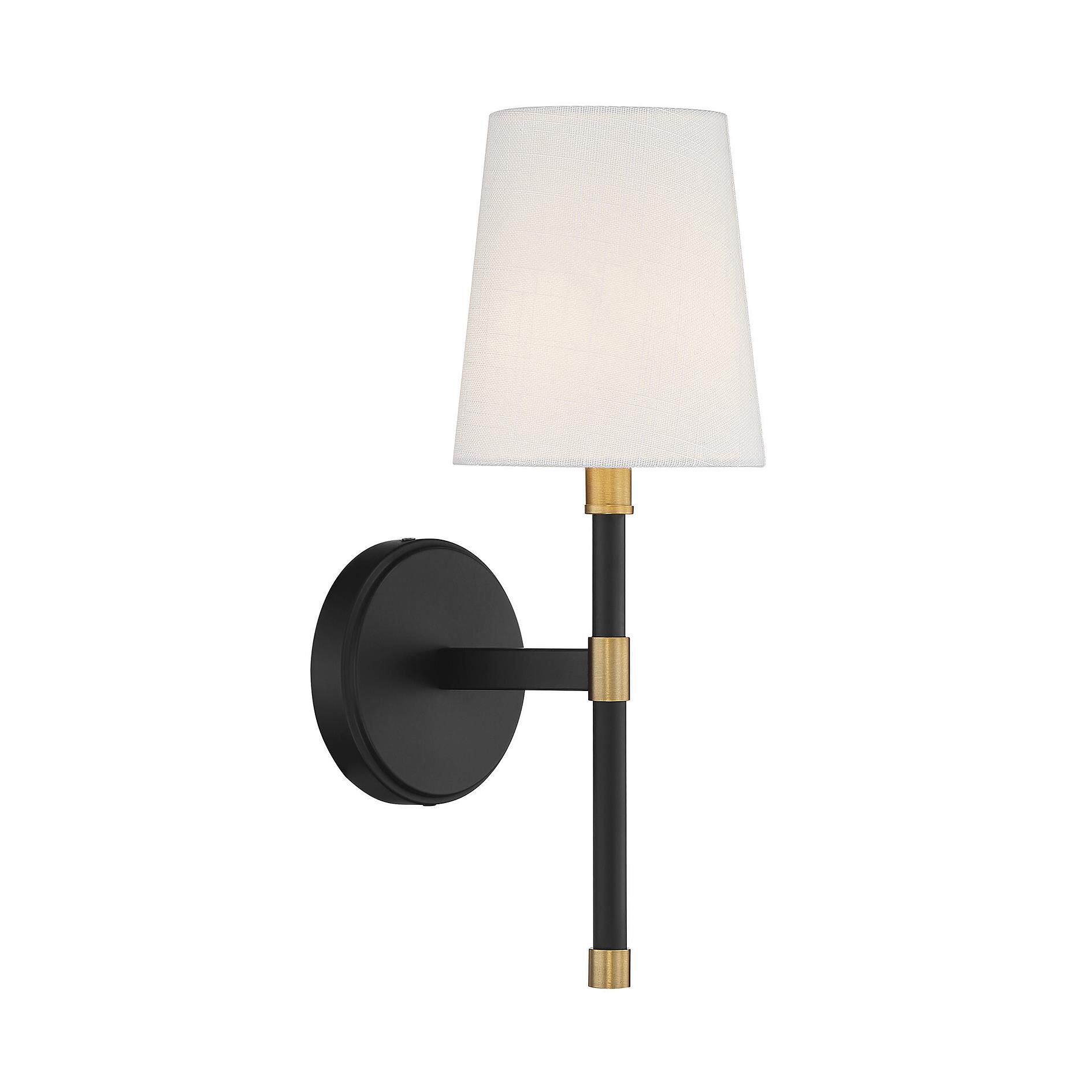 Shown in Matte Black With Warm Brass Accents finish and White Fabric shade