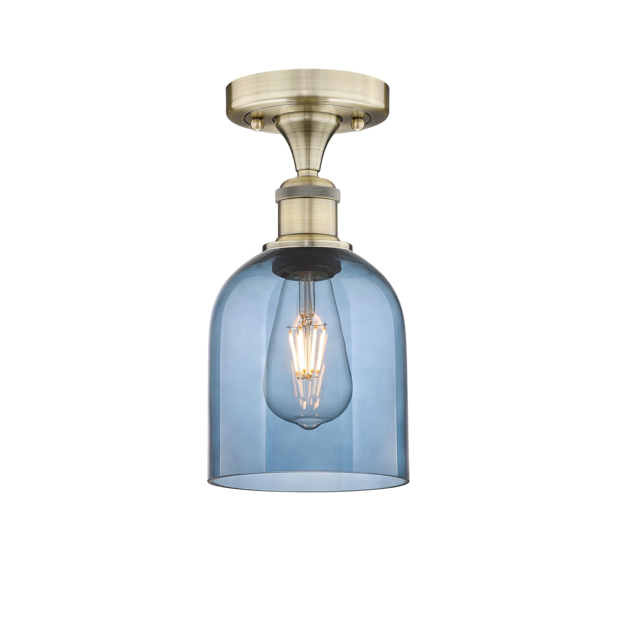 Shown in Antique Brass finish and Princess Blue glass