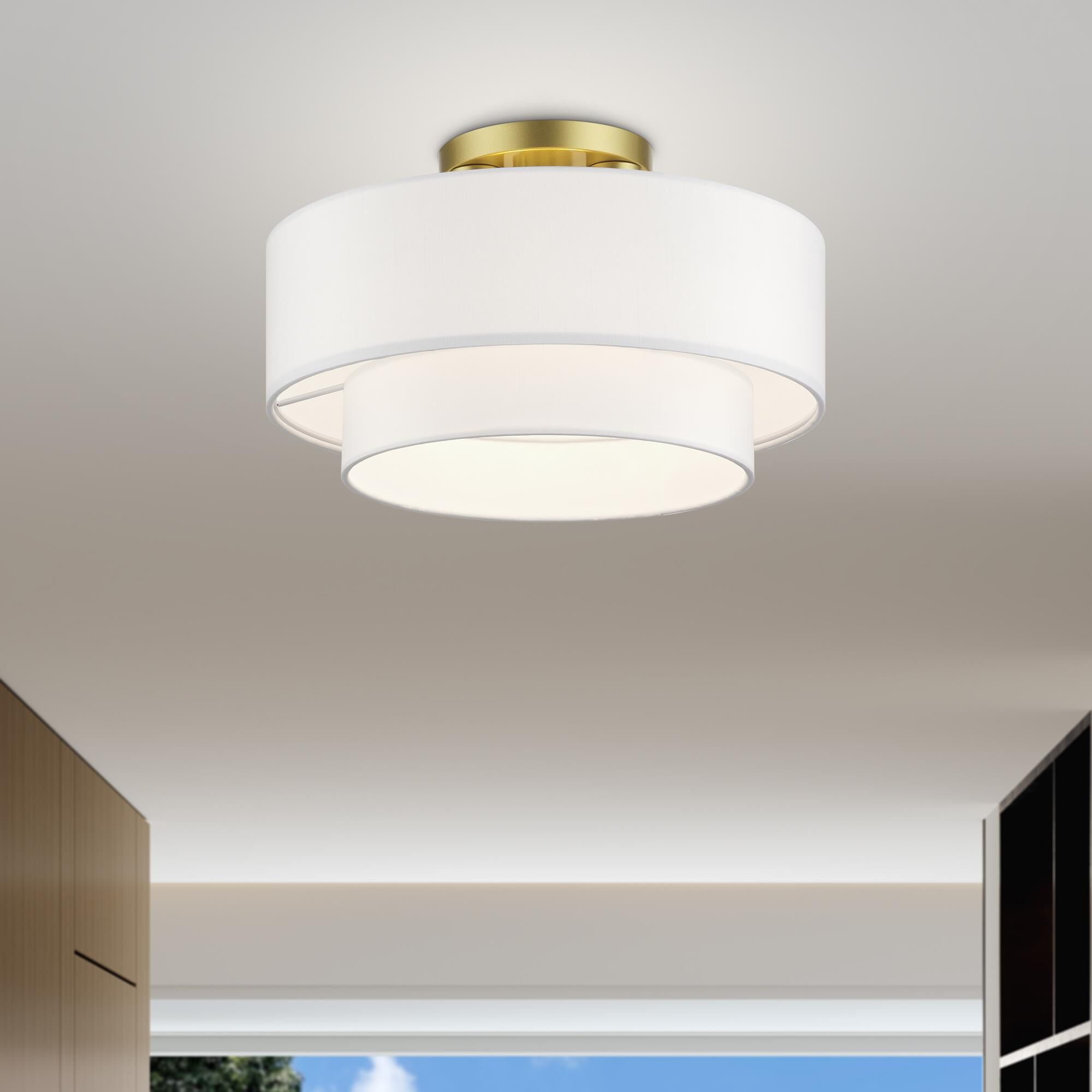 Shown in Soft Gold finish and Hand Crafted Off-White Fabric Hardbacks with White Fabric Inside shade