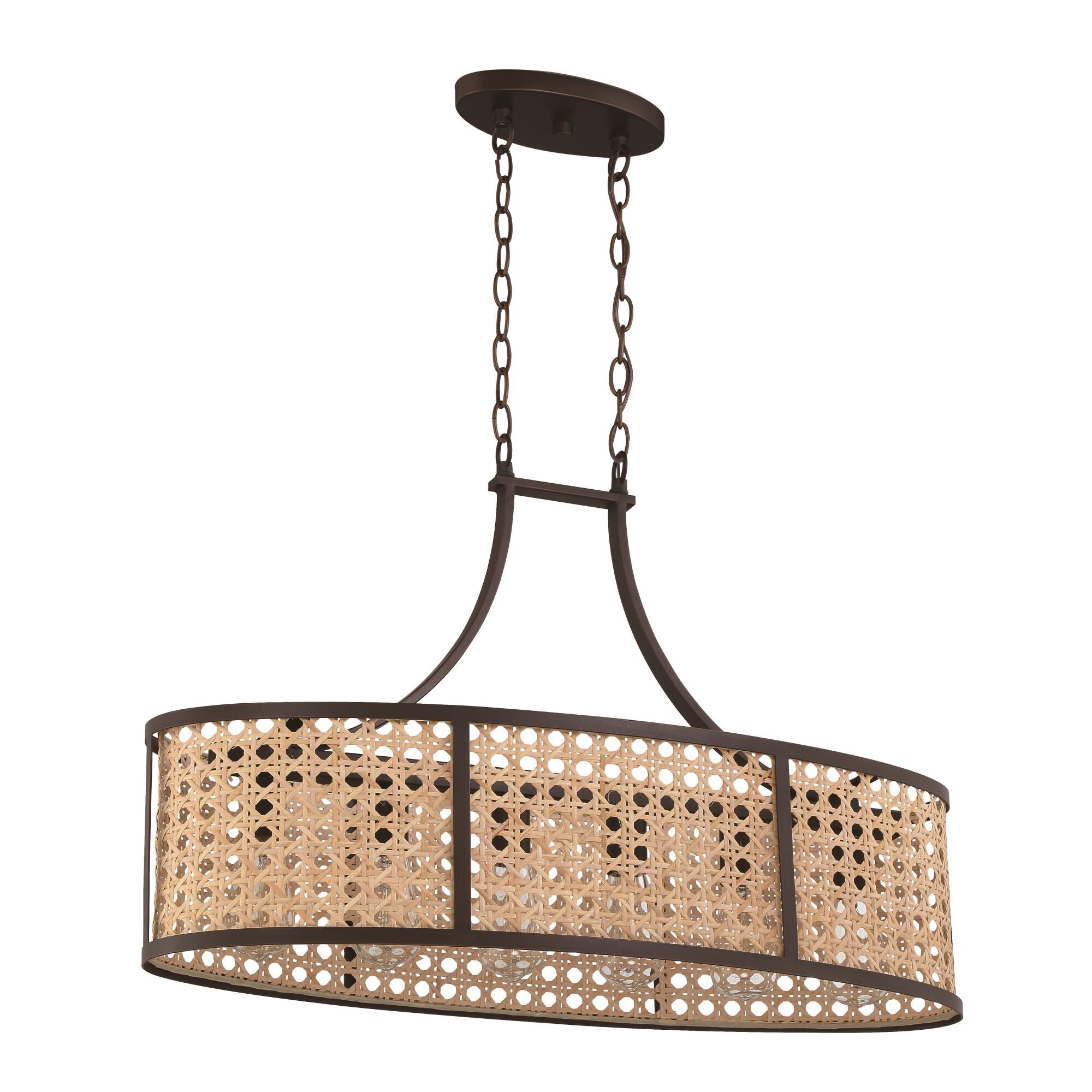 Shown in Aged Bronze Brushed finish and Natural glass and Rattan shade