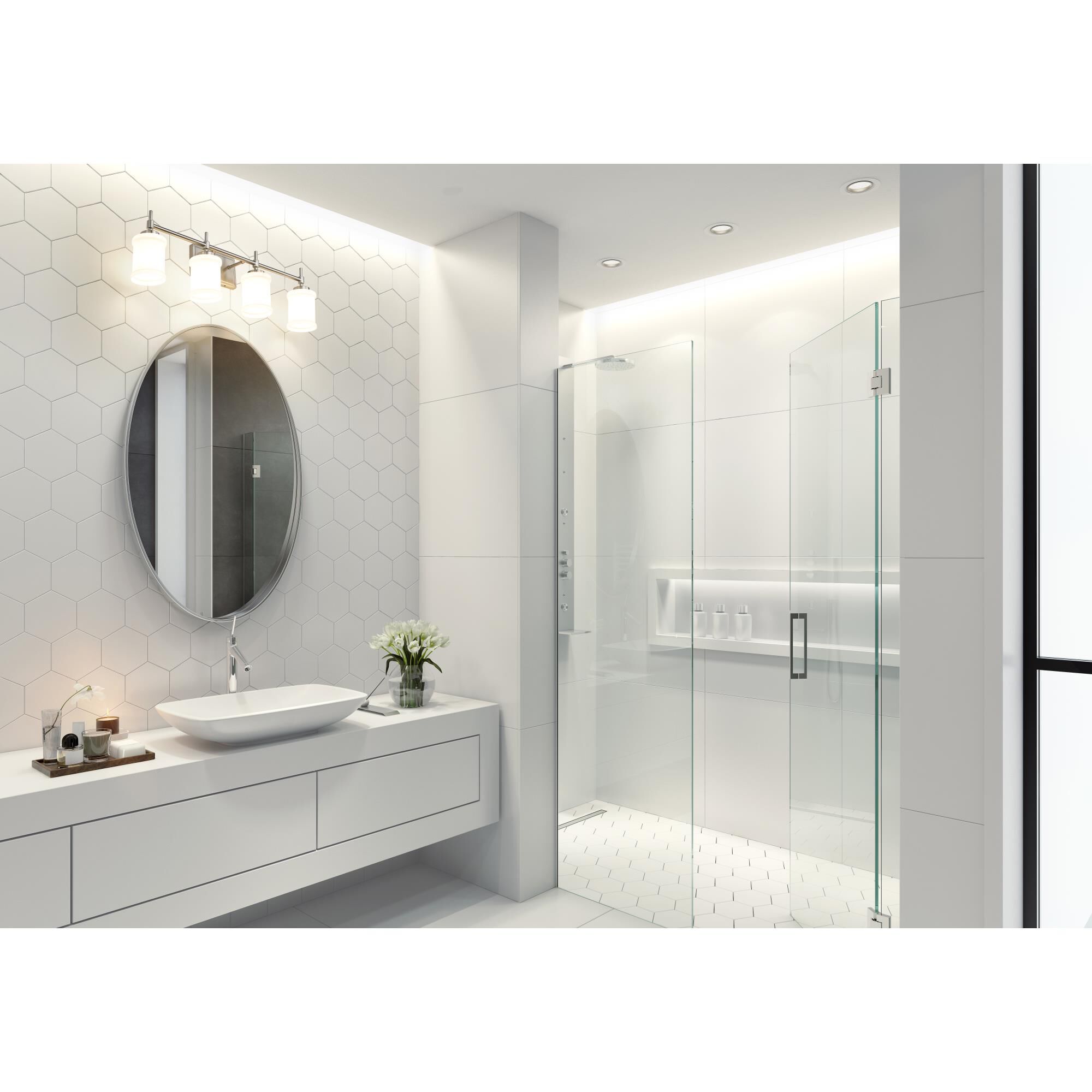 Shown in Brushed Nickel finish and Gloss Opal glass and Gloss Opal shade