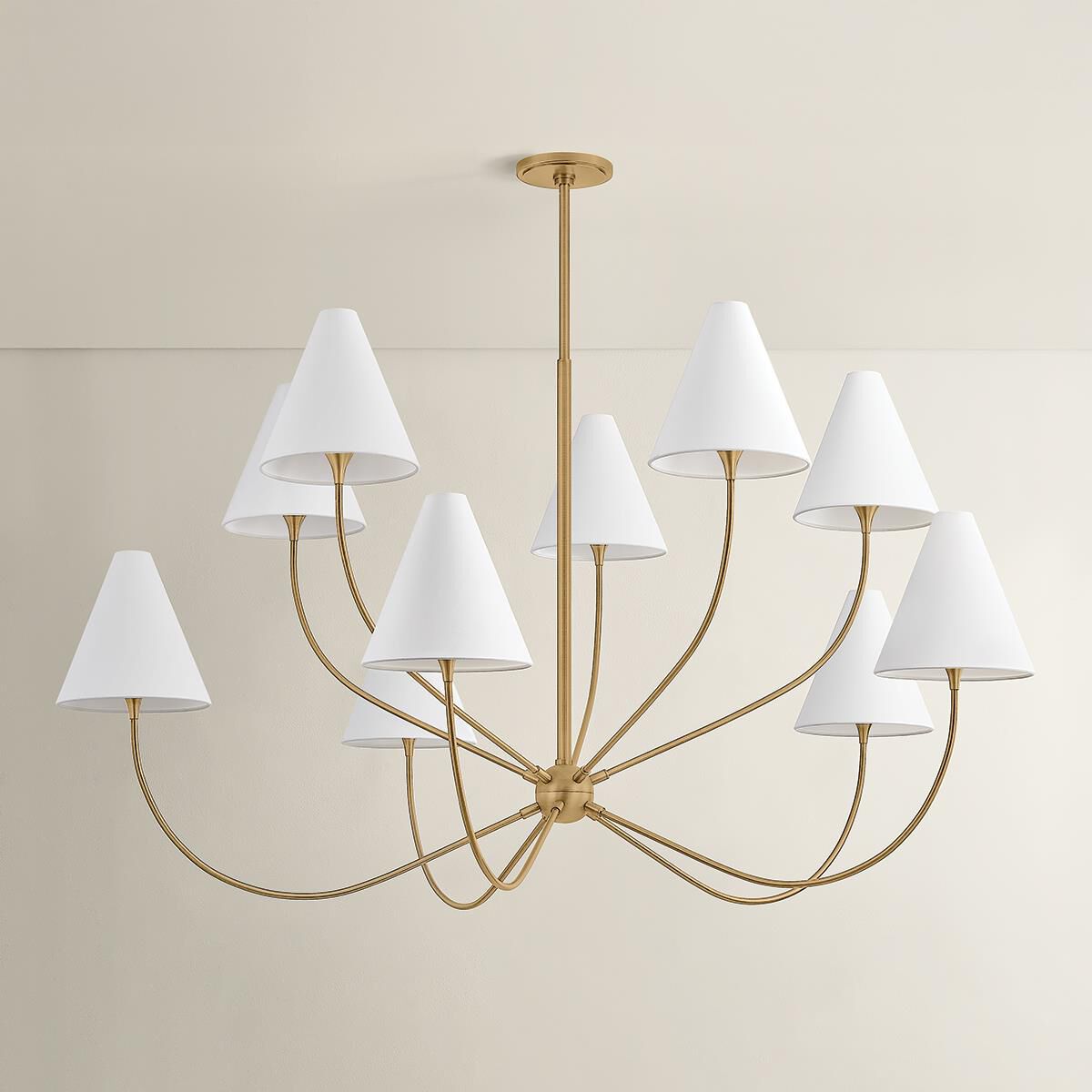 Shown in Patina Brass finish and Off White Linen shade