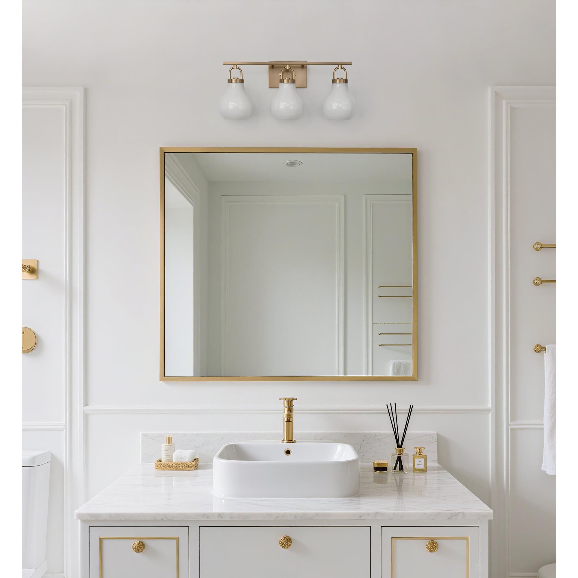 Shown in Champagne Gold finish and Opal glass