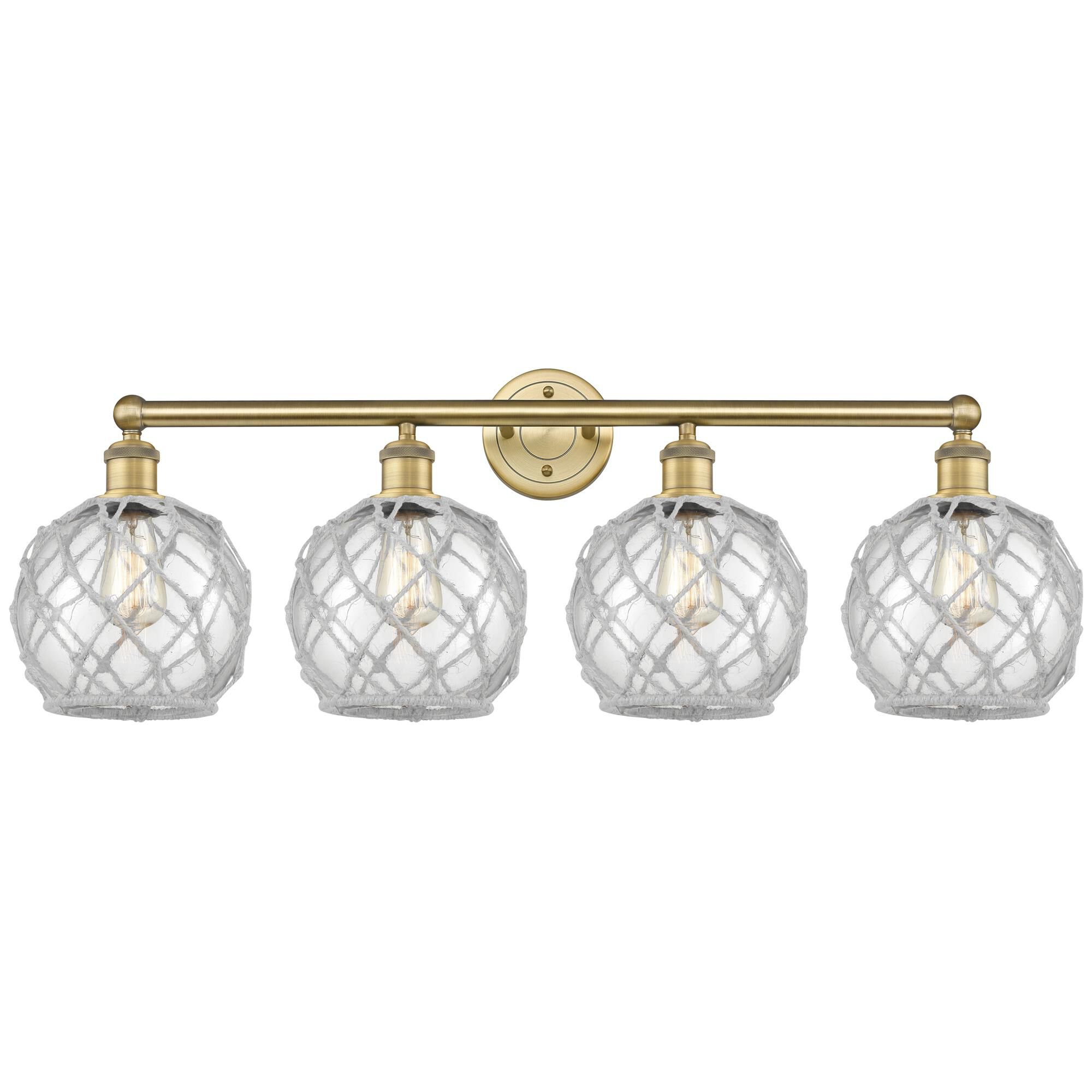 Shown in Brushed Brass finish and Clear with White Rope glass