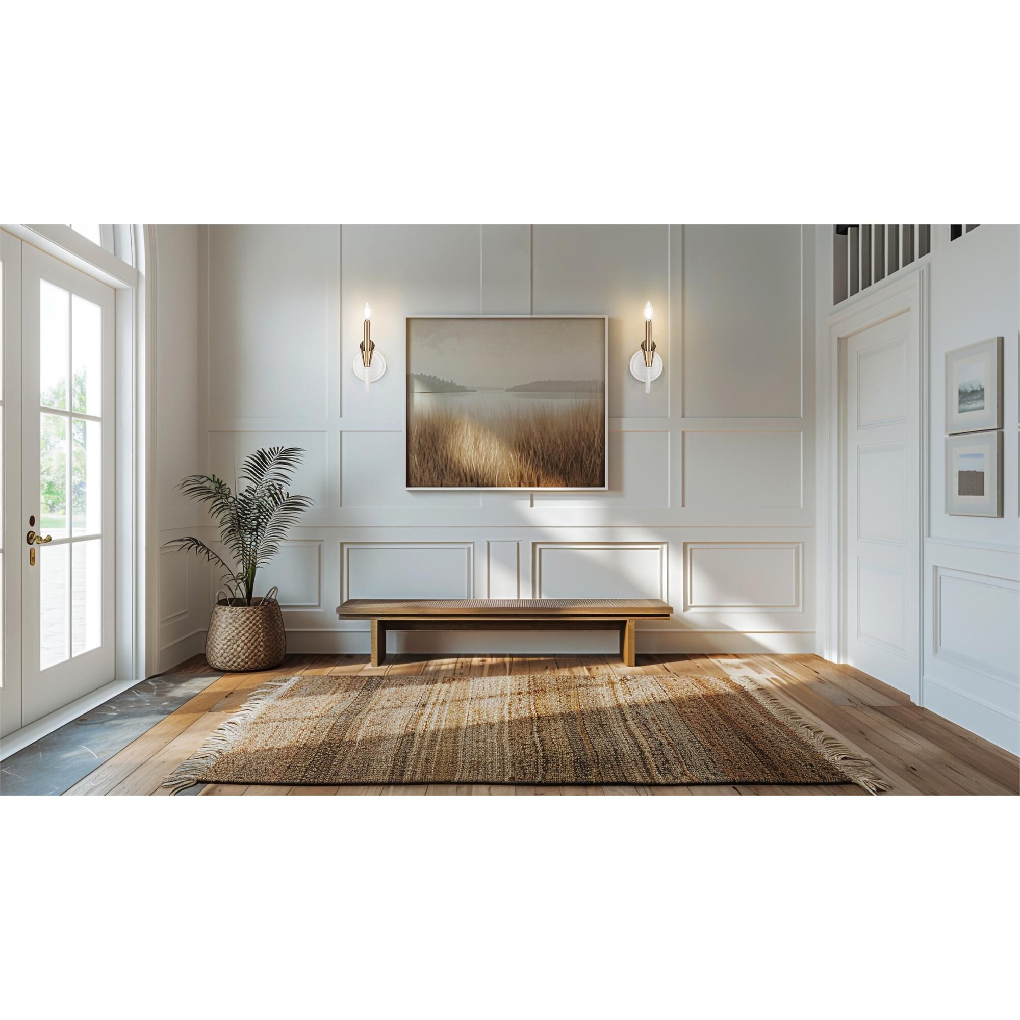 Shown in Textured White And Modern Gold finish and White glass and White shade