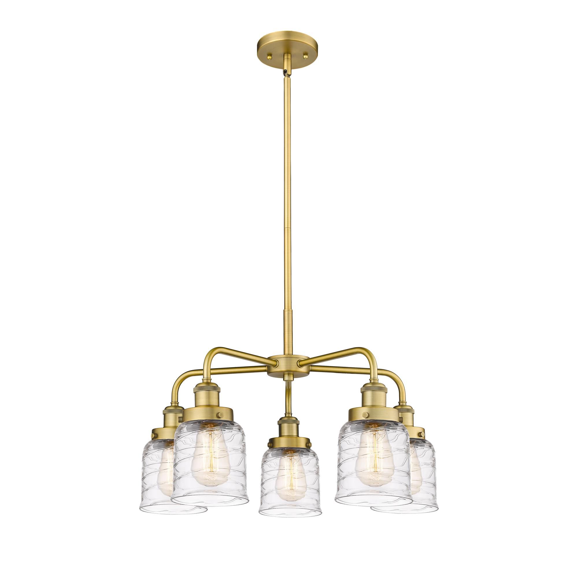 Shown in Brushed Brass finish and Clear Deco Swirl glass