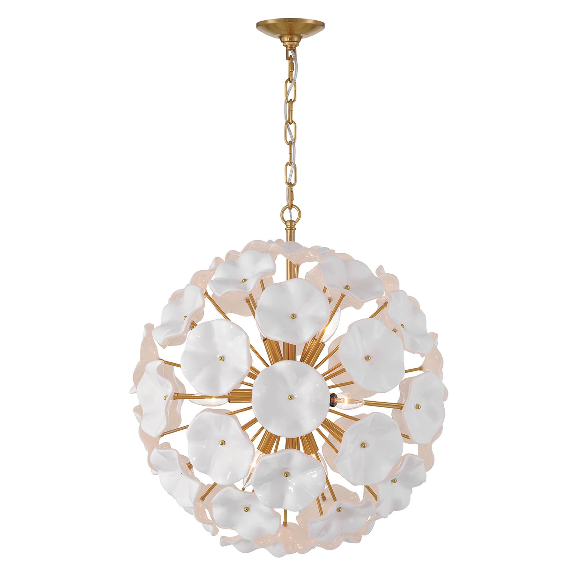 Shown in Aged Brass finish and Floral Petals White glass