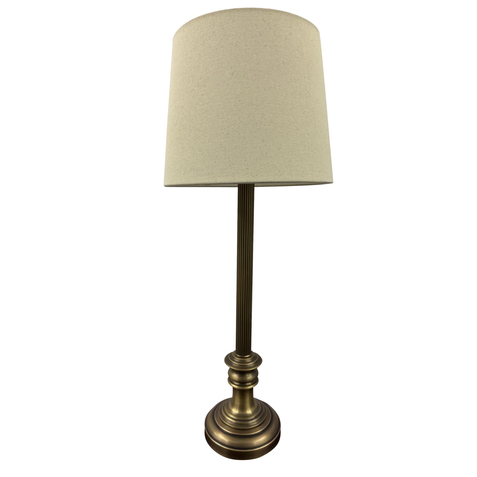 Shown in Antique Brass finish and Off White Linen Hardback shade