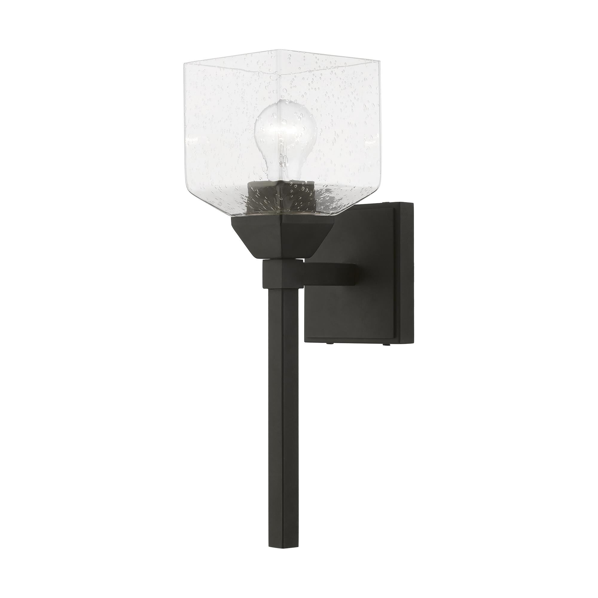 Shown in Black finish and Hand Blown Clear Seeded glass