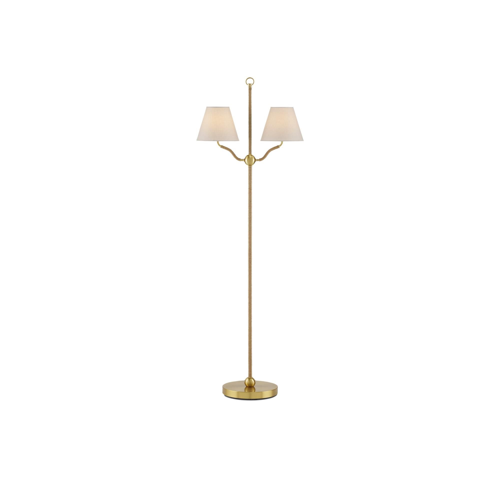 Shown in Antique Brass finish and Off-White Linen shade