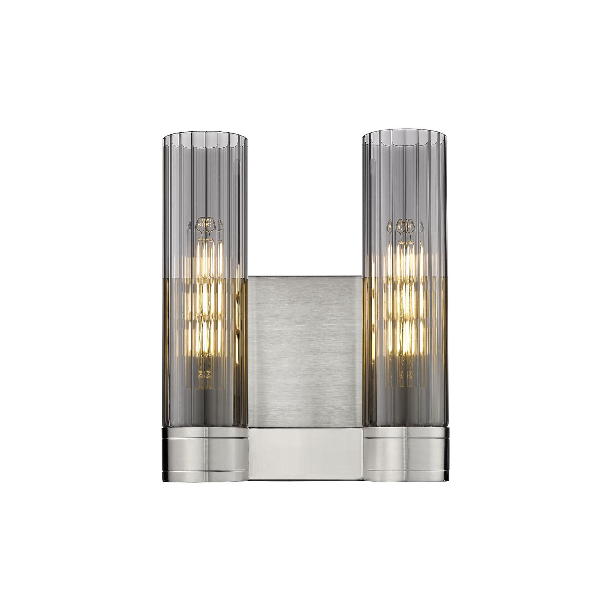 Shown in Satin Nickel finish and Plated Smoke glass and Plated Smoke Glass shade